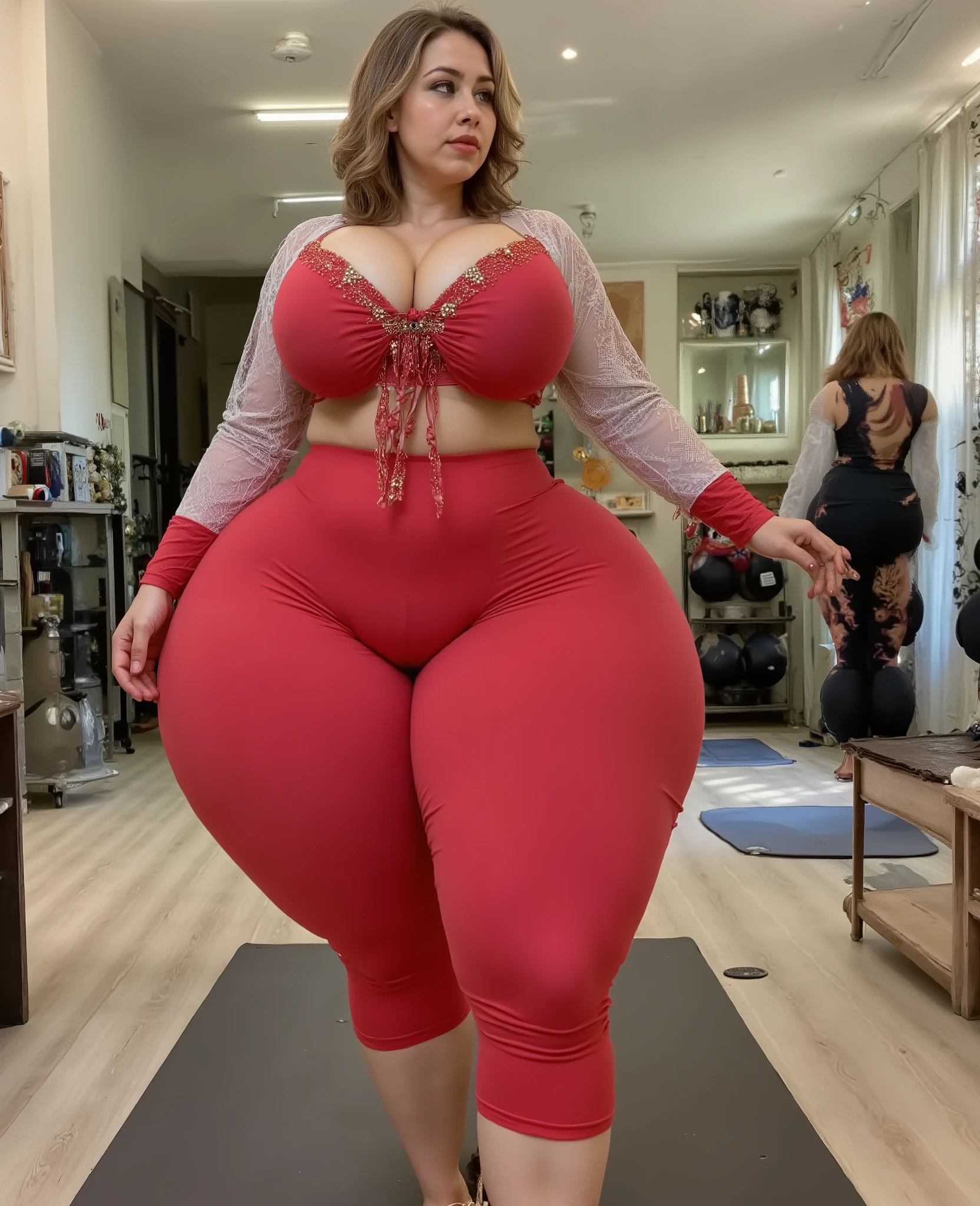 russian woman,RSGRL, Beautiful 18th-century woman. Blonde hair: Soft waves, half-up in an aristocratic style. Loose, flowing waves. Only the top section swept back with a gold or pearl brooch. Blue eyes. Clothing: Luxurious and provocative Polonaise dress color Blood red with gold embroidery. Skirt gathered at three points, creating curves and revealing silk or lace undergarments. Fitted bodice, lifting the bust without exaggeration, emphasizing a noble figure. Three-quarter sleeves with cascades of white lace. Deep but elegant sweetheart neckline. Ribbons, bows, and fabric flowers as decoration. High platform sandals in blood red with gold embroidery. Body: Thick thighs, wide hips, big breasts, pink nails, pink lips.