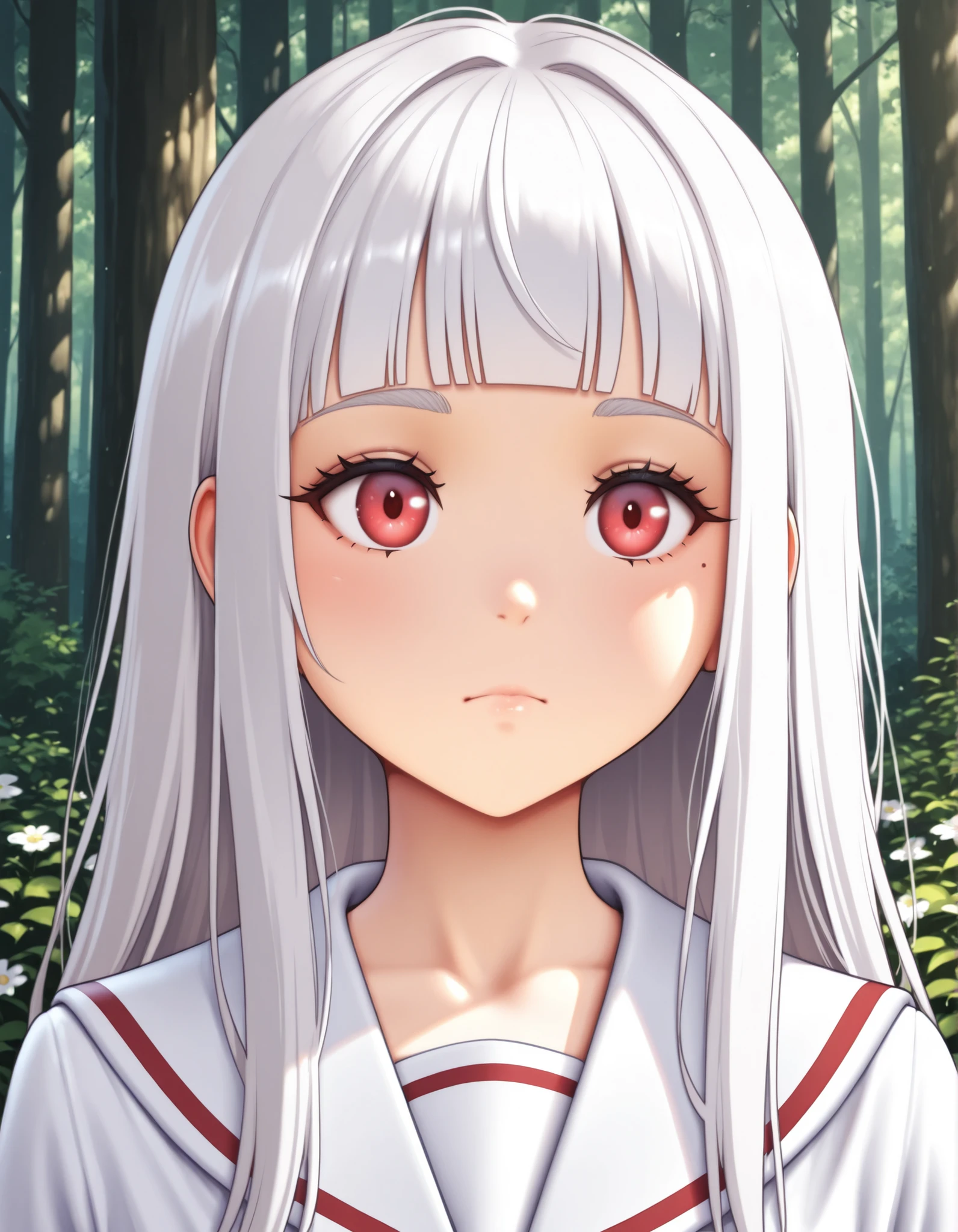 auralesustyle,, sfw, newest, masterpiece, amazing quality, best quality, detailed, absurdres, illustration, game_cg, intricate, an extremely delicate and beautiful, 1 girl, cute, perfect anatomy, red eyes, pettier, white hair, long hair, blunt bangs, white sailor collar, close-up, upper body, forest, flower, standing,