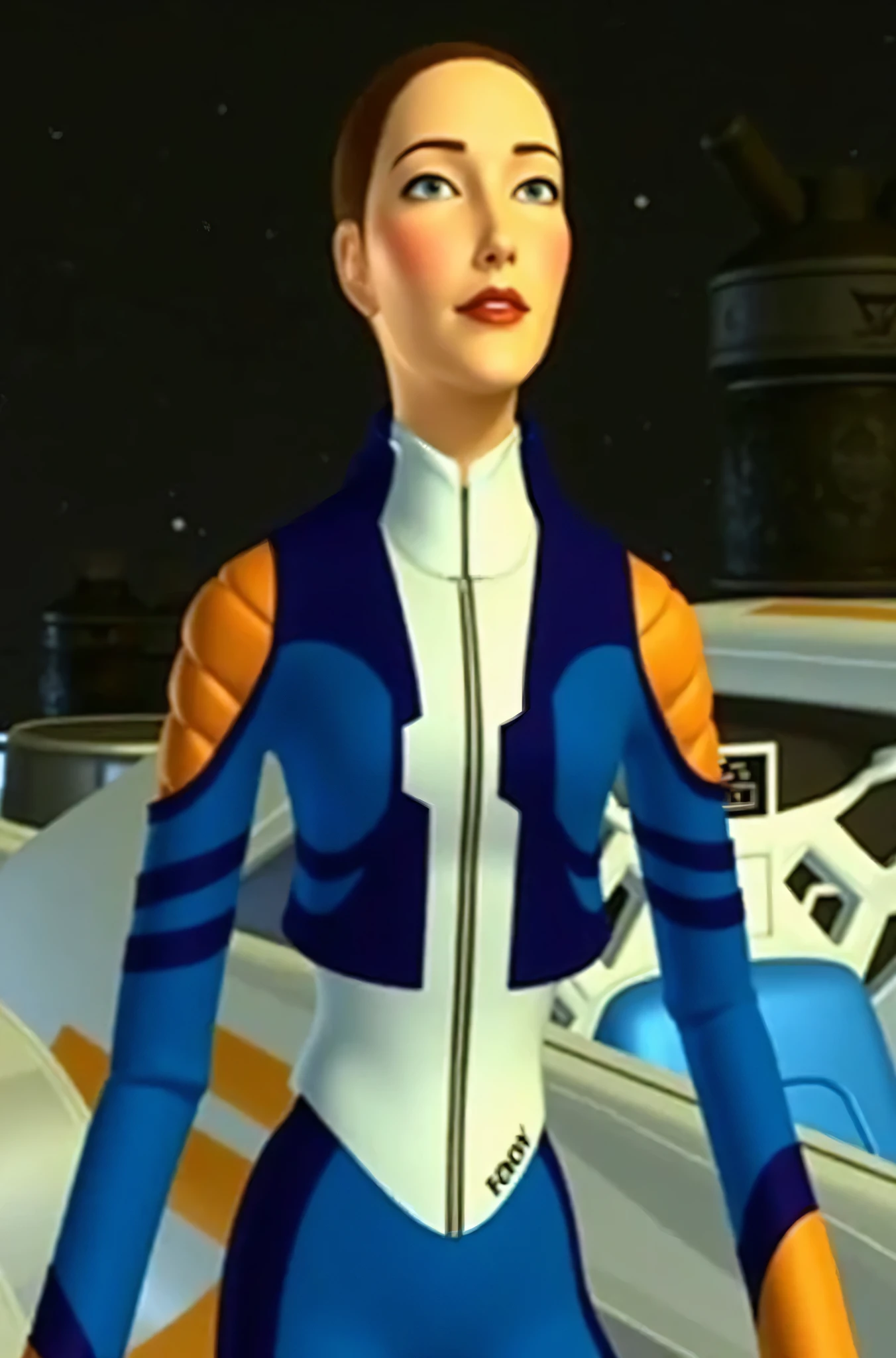 A close up of a person in a blue and white suit, crew member of a futuristic starship, Gordon Freeman as a woman , inspired by Eve Ryder, roupa leeloo, sil from species, perfect darkness, sci-fi suit, with a space cadet uniform, traje futurista, like a retrofuturistic heroine , in full Starfleet uniform, upper body avatar