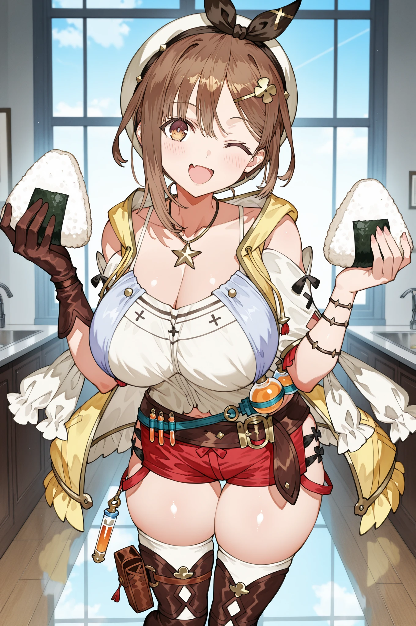 (Beautiful fine details:1.6), Highly detailed face, Highly detailed CG, (Perfect hands, Perfect Anatomy),
((highest quality)), ((masterpiece)),High resolution,Sharp focus,(Highly detailed CG Unity 8k wallpaper),
(((Vibrant colors))), Perfect Face,Seductive eyes,Liza Lynn Stout, Raisalin Stout, 
Big Ass,Big Breasts,glamorous_expensive_Tight waist_Long legs,curve,Thighs,curvy,wearing side-tie bikini,
very shiny 肌,Shiny body,plastic glitter 肌,exaggerated shiny 肌,illuminated skin,cute,Lewd,erotic,Bold,Camel Toe,short hair,
Brown Hair,Knee socks,gloves, brown gloves, 片手gloves,レザー gloves,
White Hat, Star Necklace,hair ornaments, (Brown eyes:1.5), Hair Clip, smile, Open your mouth,indoor,Cobblestones,Stonework wall,Lab equipment on table,Alchemy Kiln,Wooden barrel,bed,Wooden chest,
Lamplight,Red carpet,Magical artifacts and potions,
sit, Spread your legs a little,
