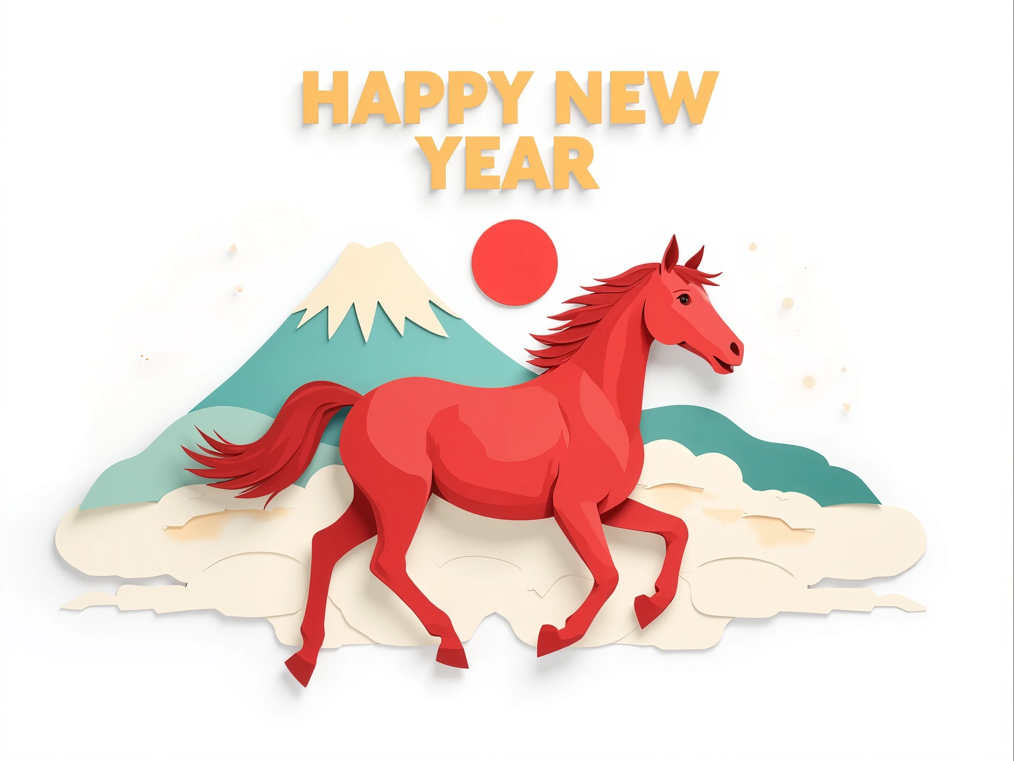 a modern flat design illustration with layered paper-cut effects, featuring a full-body horse in the foreground. each color block looks like stacked cut paper with soft shadows for gentle depth. behind the horse, a simple iconic Mount Fuji and a rising sun designed in the same layered paper-cut style. clean white background. at the top of the image, a large “HAPPY NEW YEAR” text in a bold, modern sans-serif typeface that matches the layered paper-cut aesthetic, with smooth edges and subtle paper-like styling, integrated naturally into the composition. bright but soft color palette with clean shapes and minimal details