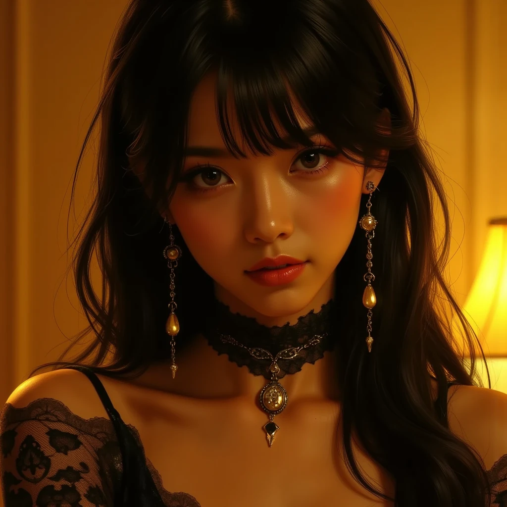 (1 girl 1.3) (extremely detailed 1.3) (anatomically correct, High precision, realistic skin) (RAW photo, nikon, 8k, Super detailed, advanced details, intricate details,), (Lighting: Face lighting, Ray tracing, reflective light, Structurally correct) ((Background: back room of a nightclub 1.3)) ((divine aura, goddess of fertility, , and ) (Subject: beautiful half-asian, mixed asian-european, bronze skin, woman with hair in black curls and coils) (wearing: glamorous detailed embroidered goth lolita rave, corset, teal and black, golden ancient jewellery on arms and neck wrists and fingers, wearing elegant gold and black high heel boot new rocks), ((beautiful big eyes looking up at the viewer, black shiny lipstick, perfect asian goth cyber makeup))