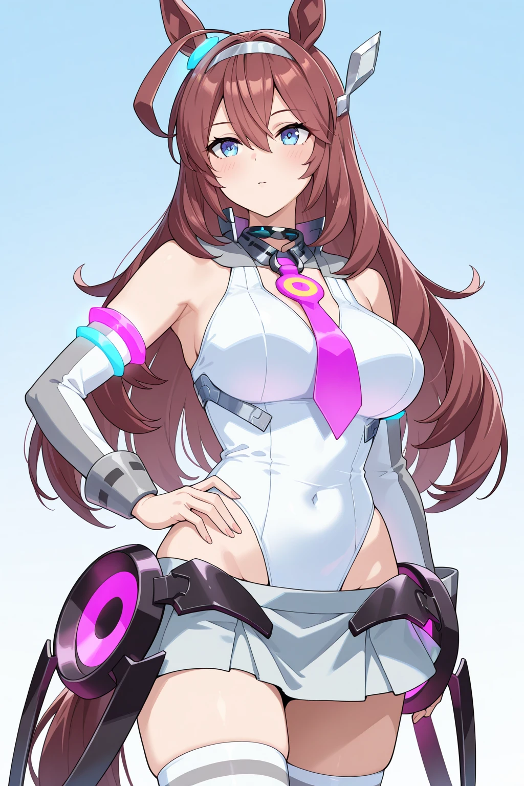 layer_megamanx, 1girl, solo, long hair, purple hair, green eyes, blunt bangs, hair over eyes, large breasts, dark skin, dark-skinned female, android, underboob, robot ears, high quality, masterpiece, surrounded by water and a small moon, in the style of vivid energy explosions, anime art, dark palette, sharp and angular, dragon art, 8k, whirring contrivances