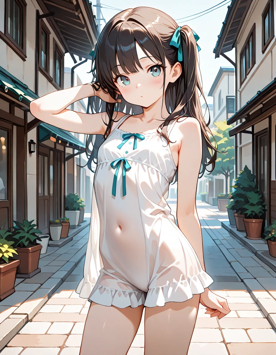 ((Highest quality, masterpiece)), Very delicate and beautiful, bright, cowboy_shot, from_Down, girl, woman, woman, young, 20-year-old, Long Hair, Princess Cut, Parted bangs, Shortcuts, Light brown hair, Delicate face, blush, Beautiful eyes in every detail, Small , Beautiful feet，Thighs, greenの目, White skin, green_bow, Sleeveless_dress, Sleeveless, Shorts, just_feet, White clothes,  Beautiful and detailed gardens, Very beautiful detailed water,Clear air，Down着見え