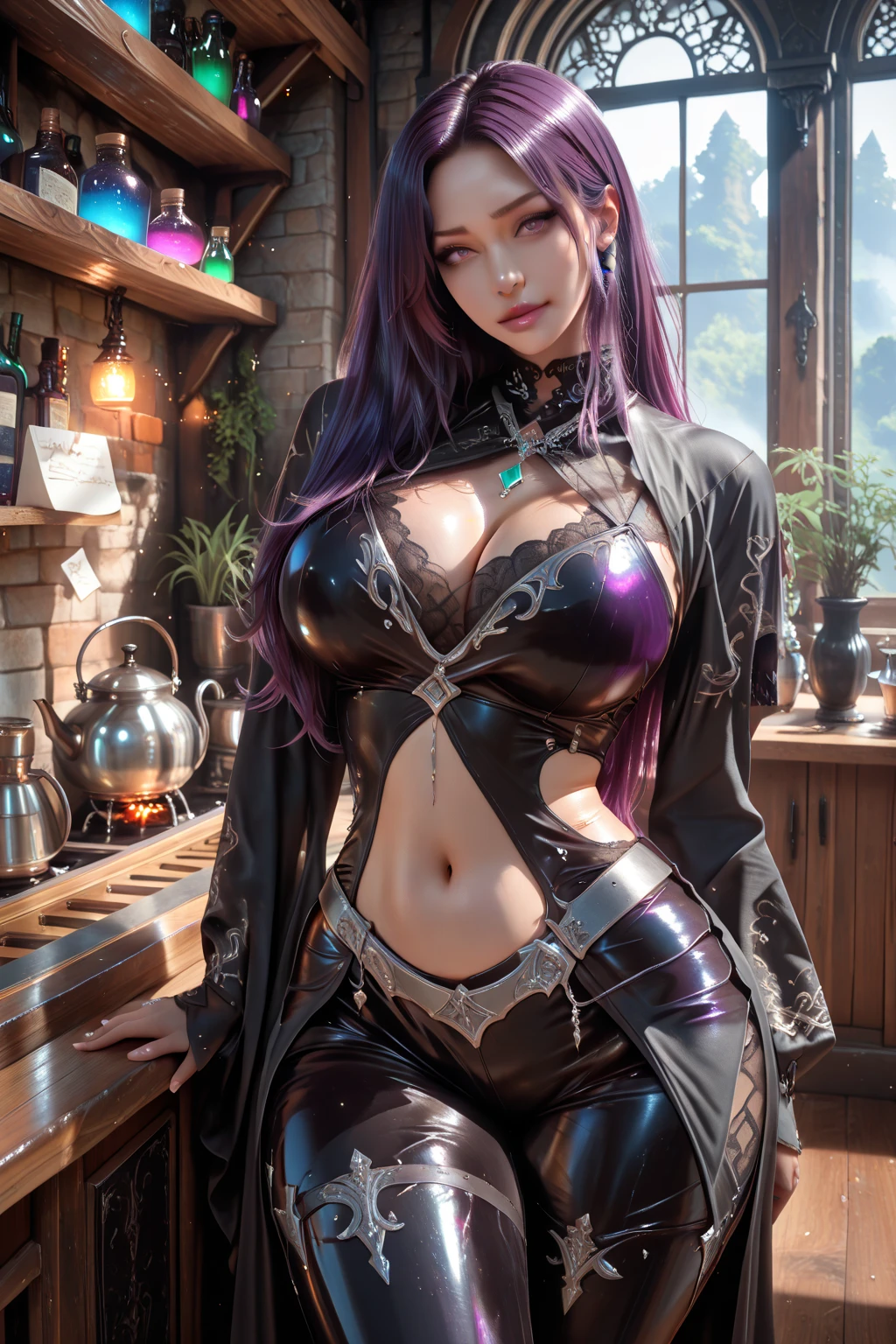 photo of a yennifer of vengerburg, witcher 3, clear skin, long dark hair ponytail, purple eyes, attractive lips, stunningly beautiful woman, 
 costume, big ,  abs, big , 
full body portrait,  body, sitting on table, legs spread, 
realistic picture, 4k, HDR, high detail, high texture. 