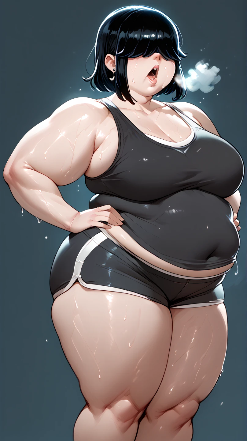 Fat femboy with a huge belly, huge tights, high tights, cat ears, belly button, a lot of sweat, huge belly fat, and fat arms, blush in his cute face., , no clothes, wet
