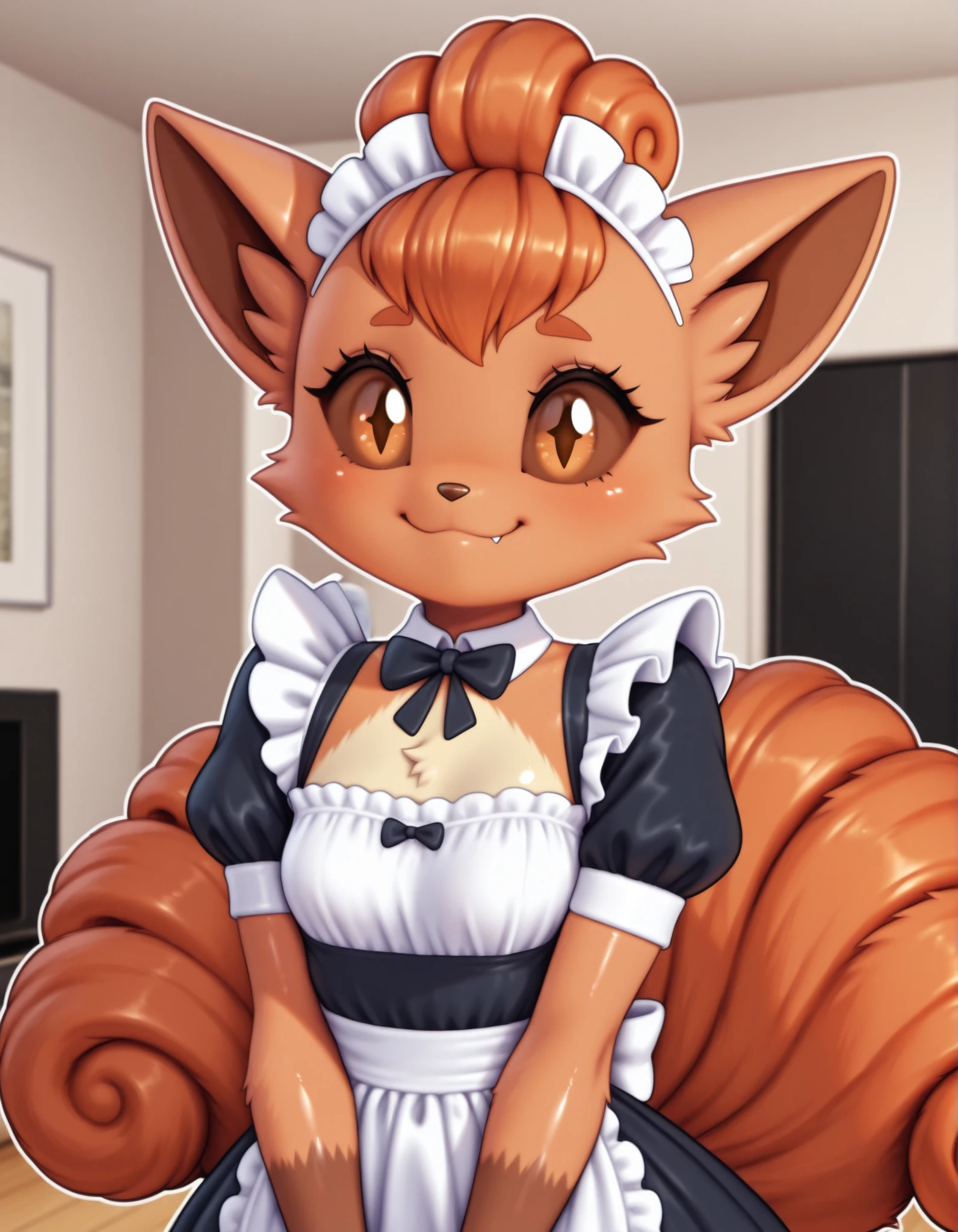 auralesustyle,, body fur,   anthro, (furry, anthro:1.2) (detailed fluffy fur), solo, furry female, pokemon (creature),,vulpix , cute, ,pokemon, (small breasts), ,cute, cute eyes, cute head), (beautifully detailed face, oily shiny skin), (detailed eyes, sharp eyes, clear pupils:0.8), masterpiece, happy, hands empty, smile,mouth, background living room,house,dressed, wear maid outfit, 