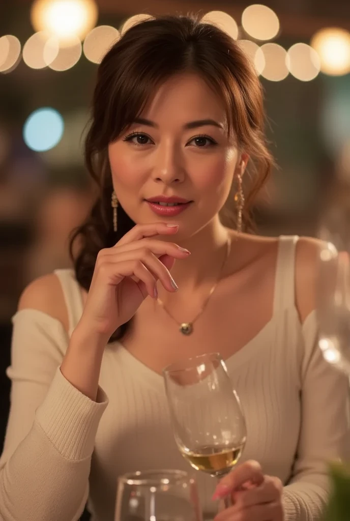 (including 64k, nffsw, highest quality, table top: 1.2), (realistic, photorealistic: 1.37), Spectacular view of the sunset sky and clouds、Amazing mountain views、long sleeve shirt、winter fashion、Columbia、Brazilian、Japanese、Dutch、German、Portuguese、Belgian、Italian、French,Champagne、sparkling wine、 (slimフェイス), (slimボティ), (brown hair), (shortcut), neat beauty、cheeks turn a little red, (42 years old), 40 years old, alone, 窓の外には美しく緻密なnight景が広がります., restaurant, wine glassが座っている, nightに, in a prominent place (from the Upper body) nova frog style, actress, model, Upper body, White wine, slim, wine glass, Super Clean night View, wine glass Put in the Middle, Happy smile, (smile: 1.15), beautiful and detailed eyes, Upper body, bust japan up, night, short, short, actress, model, Upper body, White wine, slim, wine glass, Super Clean night View, wine glass Put in the Middle, Happy smile,