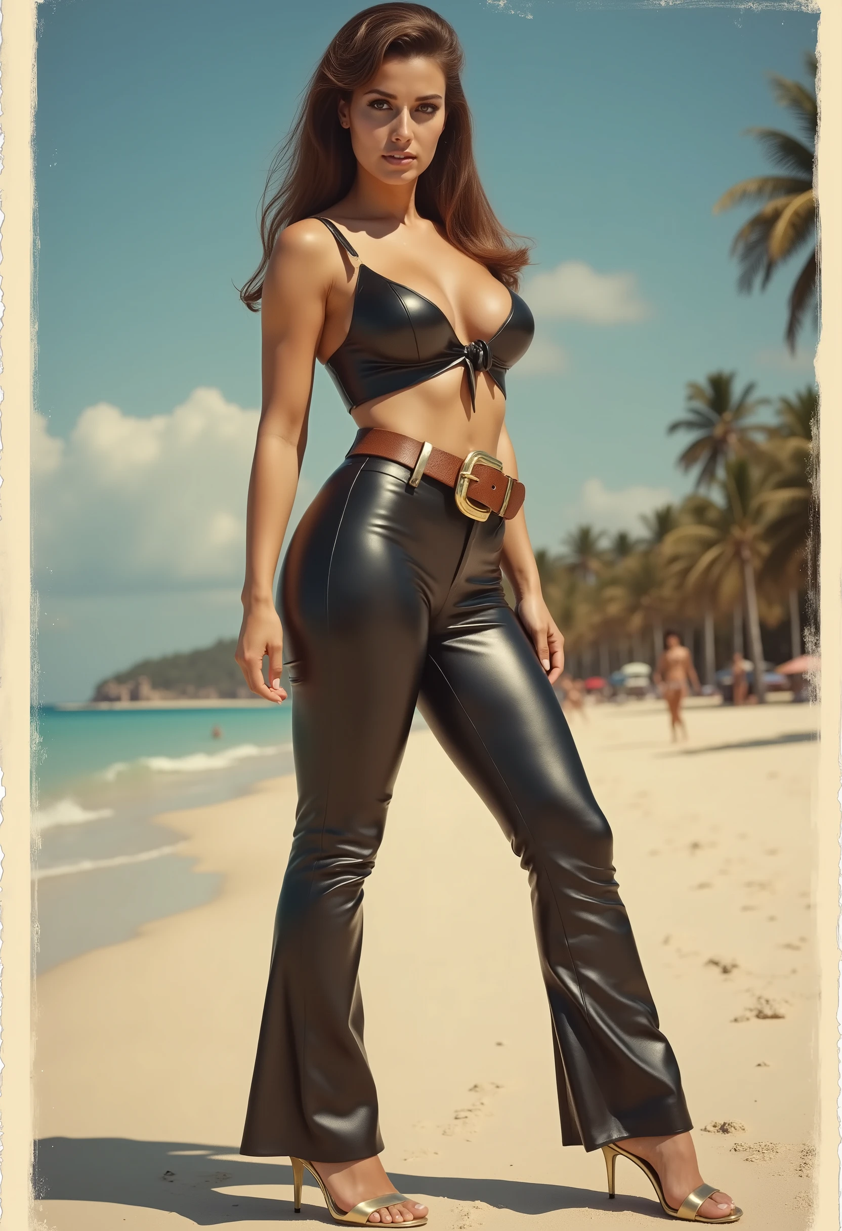 Vintage Polaroid-style full-body portrait of a sexy , provocative girl secret in 1960s pin-up style athletic build , long blonde straight brown hair with a bang a hair tie aholokan , close eyes , high arched eyebrows , large breasts , slim waist , broad shoulders , shapely calves . She wears shiny black leather flared pants and a matching deep-cut front-tied top in black leather . Accessories: wide brown leather belt with large gold buckle , gold high-heeled sandals . Sunlit 1960s walk tropical beach sunshine blue sky