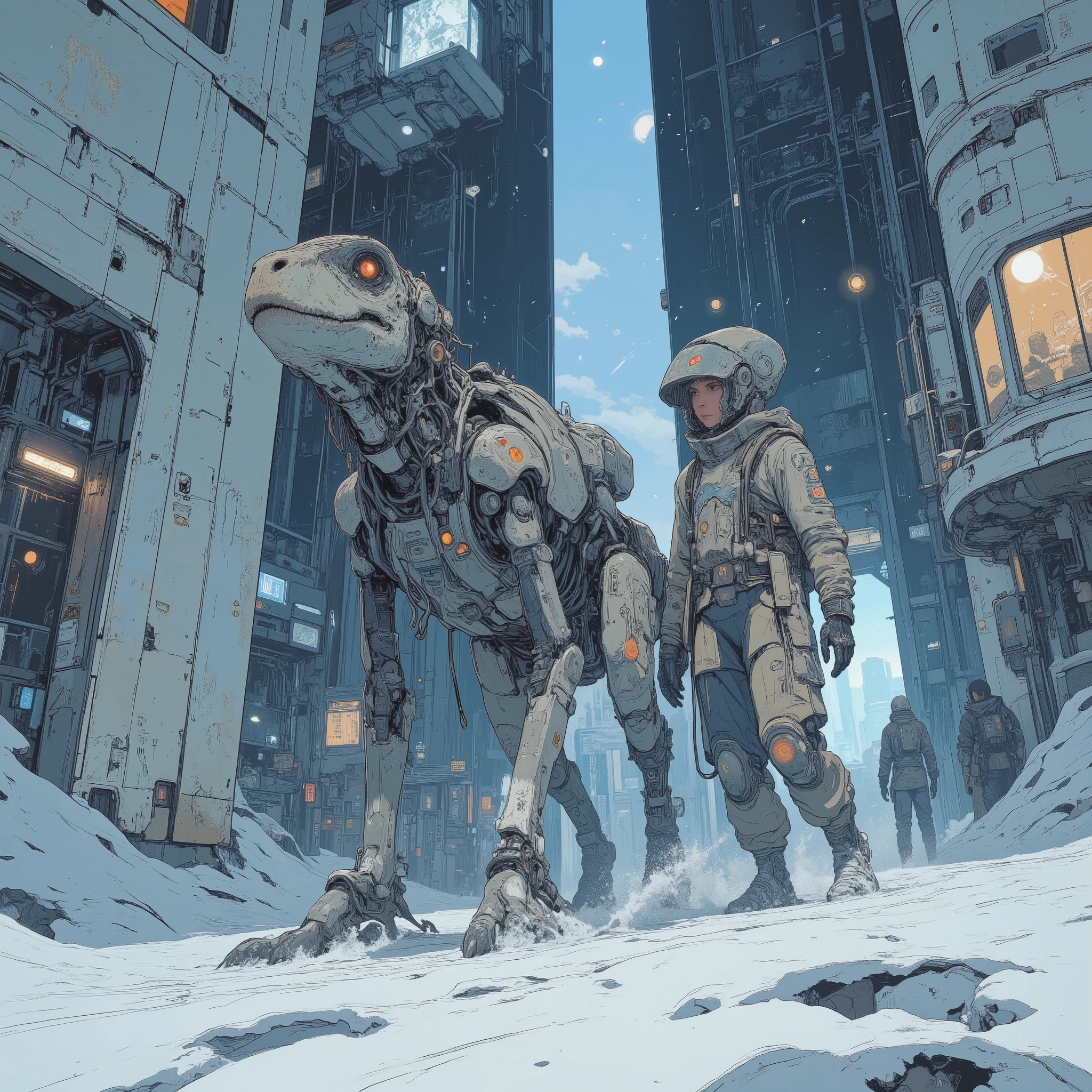 (masterpiece), (best quality), (highly detailed), (illustration), (concept art style),
A serene, atmospheric sci-fi scene set in a clean and orderly futuristic city covered in fresh snow.
Soft snowfall drifts through the air, collecting on the smooth, bright surfaces of the futuristic architecture.
a small cybernetic raptor, agile body.
raptor-specific anatomy, sharp eyes, clawed feet, a low posture, and a slim tail
cybernetic augmentations, metallic prosthetic limbs, glowing sensor modules, and mechanical joints
The creature looks alert and expressive, facing the viewer.
Walking beside it is a person wearing advanced cold-weather armor, featuring insulated segments and soft glowing lines.
The person faces forward toward the viewer, their posture calm and steady,
The background shows a clean, utopian-style futuristic city: sleek structures, glass walkways, gentle lights diffused by falling snow, and wide open spaces with no clutter.
The mood is quiet, calm, and atmospheric — focused on the bond between the traveler and the highly detailed cybernetic raptor.