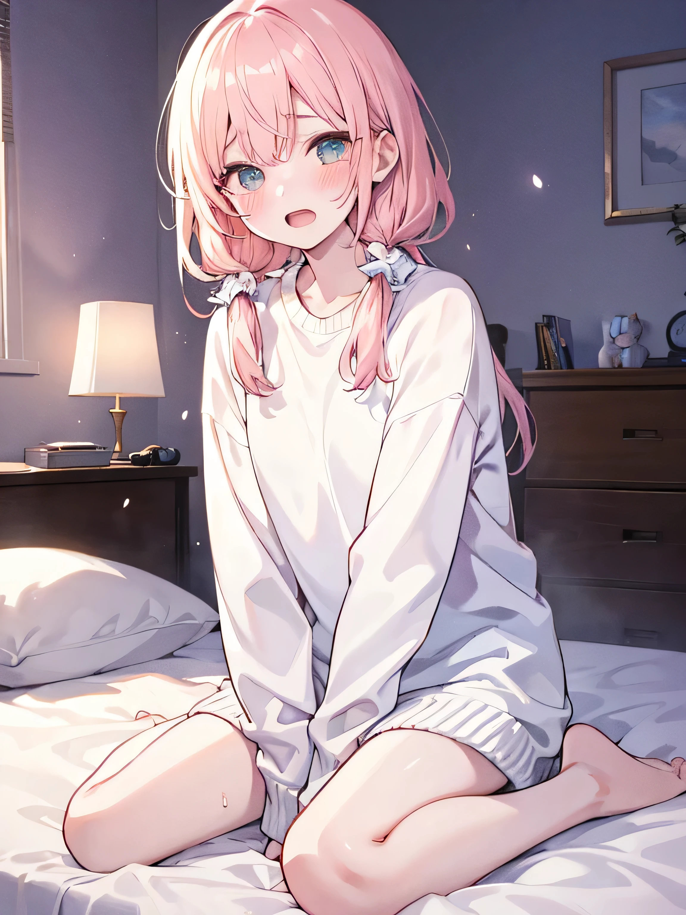 masterpiece, top quality, , 8k, Official Art, Movie Lighting, 1 girl, white sweater, Barefoot, Sweaty feet、sitting, on the bed, bedroom,blushing、crying face、Both hands on crotch、open mouth、uncensored、18ban、masturbating、looking upwards、above、square、slouched eyes、 dim rooms, staring at the audience,masterpiece 、 top quality 、 、 8k 、 Official Art 、 Movie Lighting 、 Ultra High Definition 、 1 girl 、 white sweater 、 、 sitting 、 on the bed 、 bedroom 、 、 watching the audience