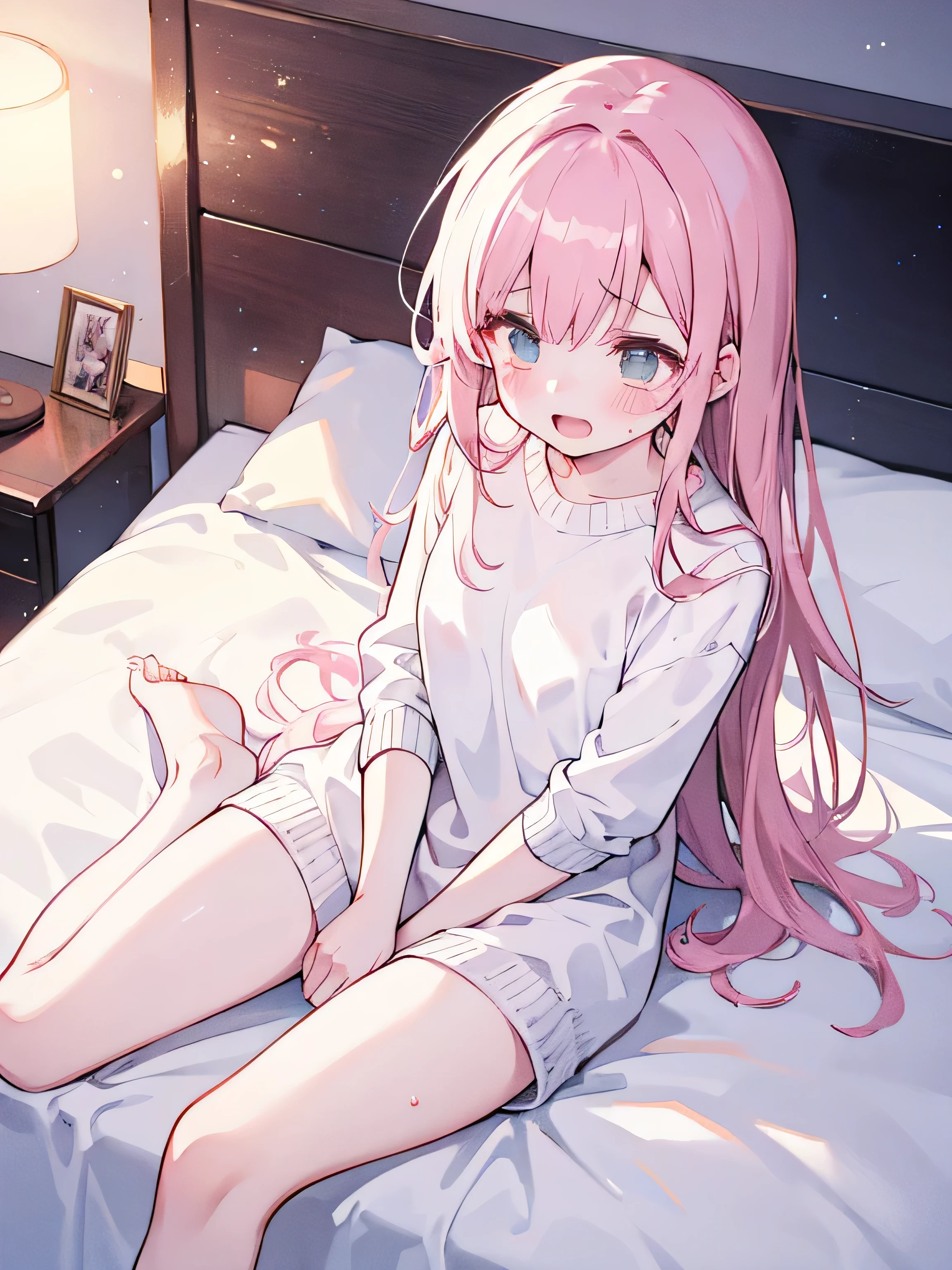 masterpiece, top quality, , 8k, Official Art, Movie Lighting, 1 girl, white sweater, Barefoot, Sweaty feet、sitting, on the bed, bedroom,blushing、crying face、Both hands on crotch、open mouth、uncensored、18ban、masturbating、angle from above、looking upwards、above、square、slouched eyes、 dim rooms, staring at the audience,masterpiece 、 top quality 、 、 8k 、 Official Art 、 Movie Lighting 、 Ultra High Definition 、 1 girl 、 white sweater 、 、 sitting 、 on the bed 、 bedroom 、 、 watching the audience