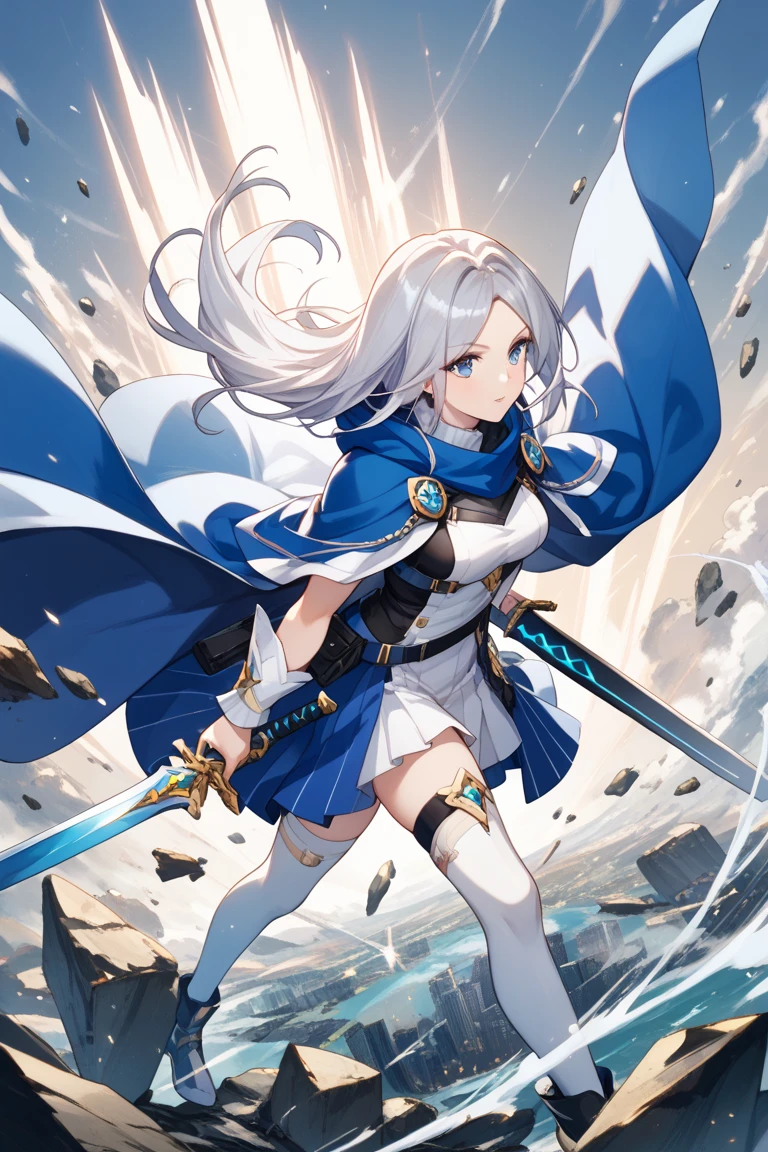 masterpiece, ultra detailed, 8k portrait, RAW photo, portrait photography, highly detailed face, beautiful and meticulous eyes, dark blue hair, long hair, blue eyes, white hair ribbon, orange military uniform, green pleats mini skirt, white ????? armor, white tights, half boots, standing, (equip a beam sabel:1.5), by the old castle, in mid night,