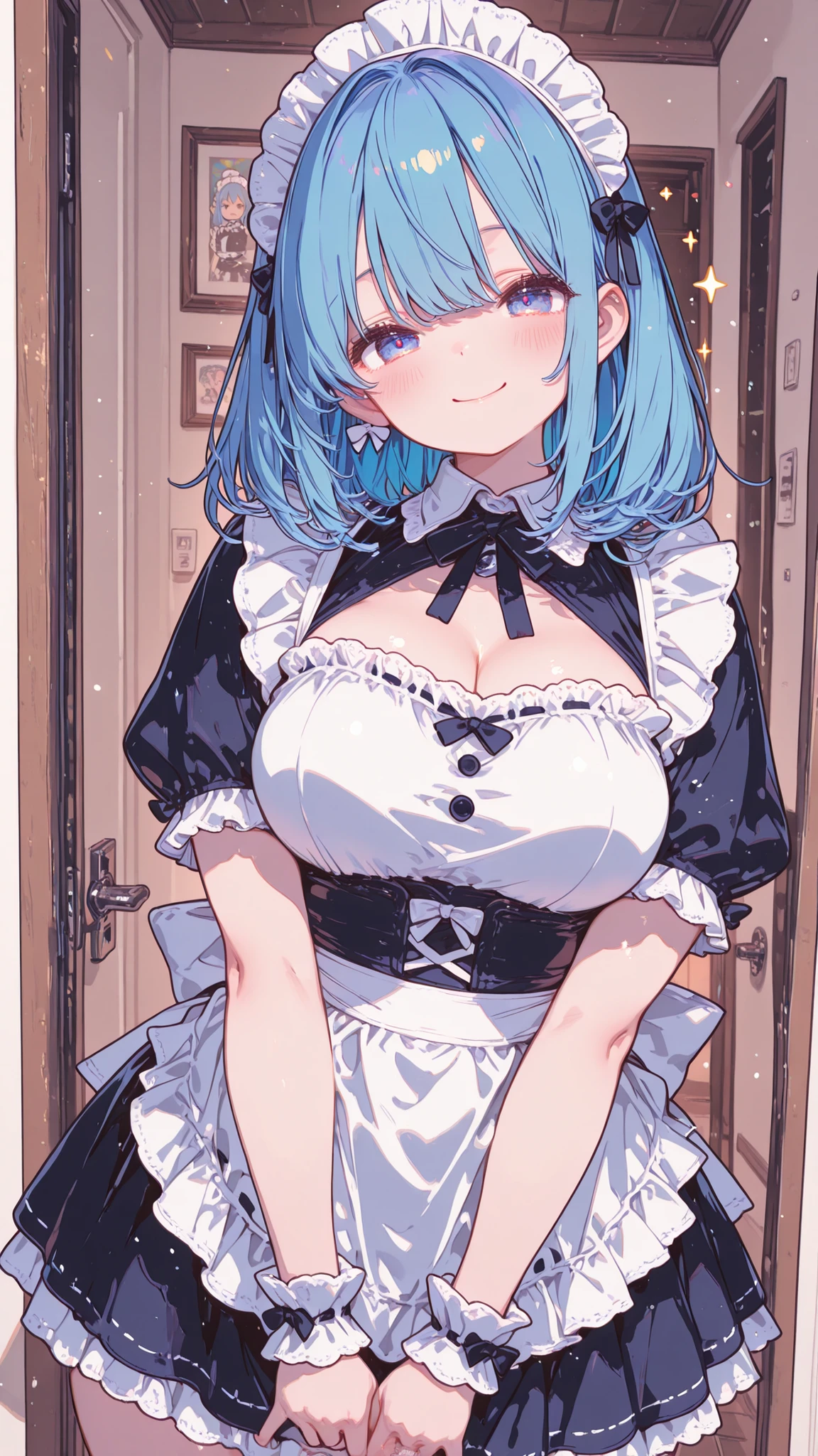 masterpiece、top quality、Ultra High Definition、High Resolution、one woman、maid outfit、Short sleeve、medium hair、Blue hair、plump figure、Smile Yan、modern house background、Indoor