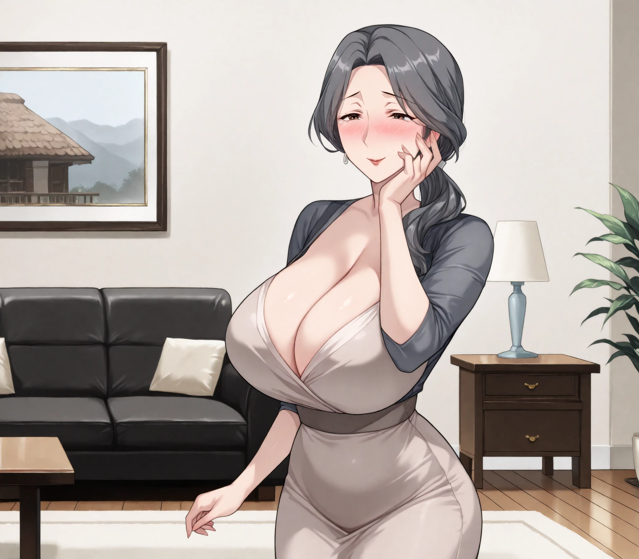 Miyuri, 1girl, huge breasts, (Dark grey hair:1.3), dress, cleavage, living room background, daytime, standing, brown eyes, (mature woman:1.3), (lustful smile:1.2), blushing, slim waist, standing, hand on face, low ponytail, long hair