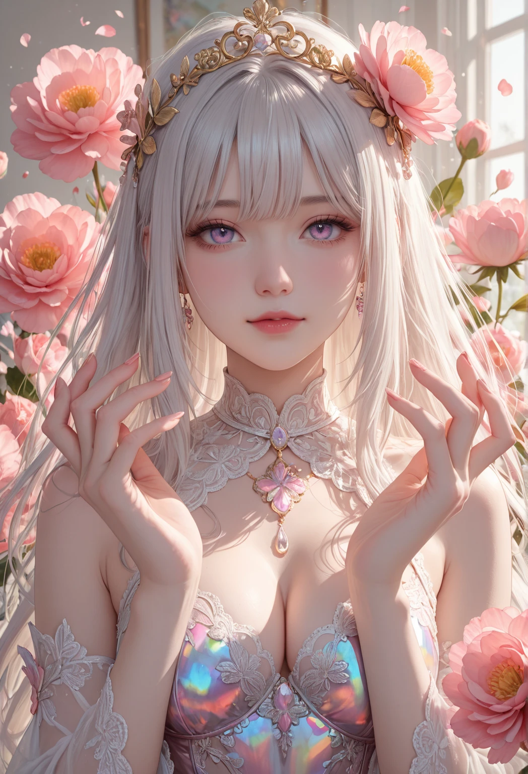masterpiece: 1.2, highres,32k, photorealistic: 1.37, ultra-detailed: 1.2, flower fairy, crimson  (flowing), beautiful delicate(hair,face,eyes,lips,thigh,clothes),delicate pupils,sparkling eyes,brilliant rosy lips,classic garden, colorful flowers, shower of light