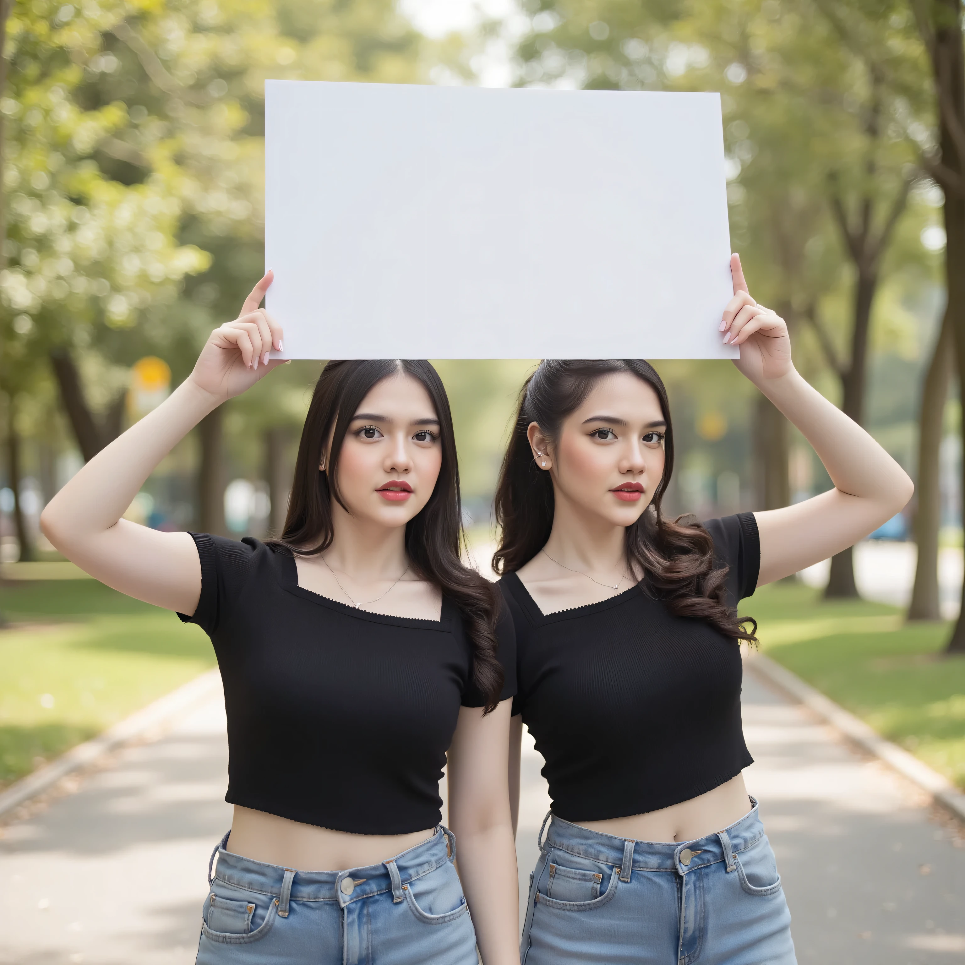 Two young women big boobs stand side-by-side outdoors in a bright park setting, wearing matching black crop top and blue jeans. They both hold up a blank white sign above their heads, with no text or graphics on it. The background shows soft-focus greenery, trees, and a sunny walkway. Natural lighting, smooth skin tones, and a realistic portrait photography style with shallow depth of field.