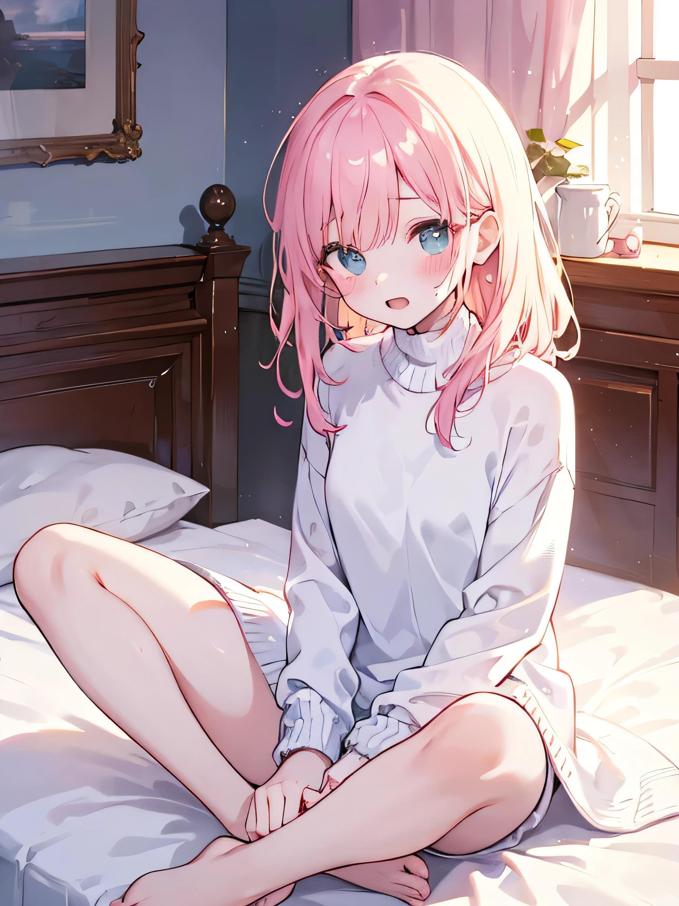 masterpiece, top quality, , 8k, Official Art, Movie Lighting, 1 girl, white sweater dress, Barefoot, Sweaty feet、sitting, on the bed, bedroom,blushing、Both hands on crotch、open mouth、uncensored、18ban、masturbating、looking upwards、above、square、slouched eyes、 sunlight, staring at the audience,masterpiece 、 top quality 、 、 8k 、 Official Art 、 Movie Lighting 、 Ultra High Definition 、 1 girl 、 white sweater dress with hand hem 、 、 sitting 、 on the bed 、 bedroom 、 sunlight 、 watching the audience