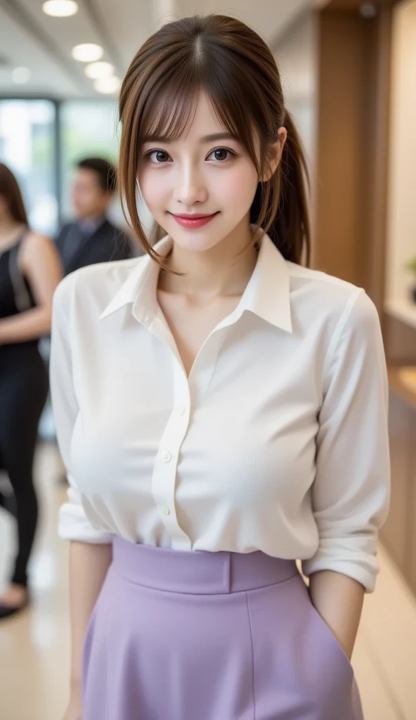 A person's point of view, (On a table:1.3), A high resolution, ultra - detailed, extremely detaild的 CG unified 8k wallpapers, actual, 真实感, RAW photos, beautiful  detailed face, pale-skinned, Realistic shiny skin, Fabric texture is delicate, Detailed hair texture, perfect body figure, Nice face, Acura, Anatomically correct, Highly Detailed Face and Skin Textur, natural neck length, (beautiful hand), (Fair skin:1.2), lean legs, thin feet, off and on, 詳細な目, symetric eye, light brown eyes, 二重まぶた, tthin eyebrows, (glossy lips:1.4), ((Smiling softly:1.2)), (The face is red:1.1), off and on, (Elegant and cute girl:1.3), (wear elegant clothes (light violet) button- shirt:1.2), ((navy) Long skirt with irregular hem:1.2), Close button, (long  skirt), mediuml ???????, (long slim figure:1.1), Tighten abs, Beautifulcollarbone, (Dark blonde hair, curlies, Long gray hair:1.2), ((asymmetricalbangs:1.2)), off and on, (Gently stretch out a hand downwards:1.2), ((In a modern office in China)), (cow boy shooting:1.2), looking at viewert, frontage