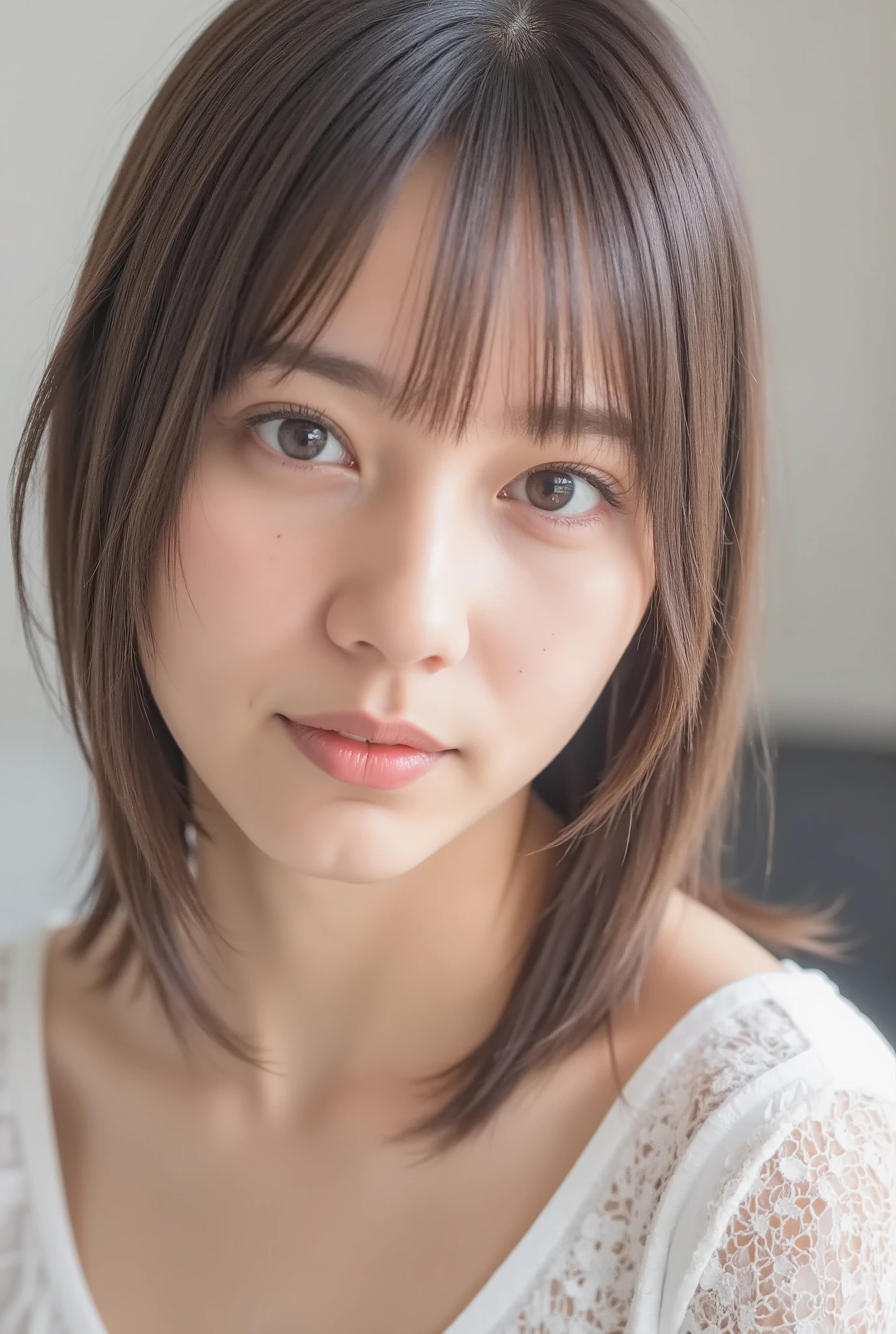 with blond and black two-tone bangs、、 light background、jeans-fabric swimsuit、Shortcut shortcuts, 