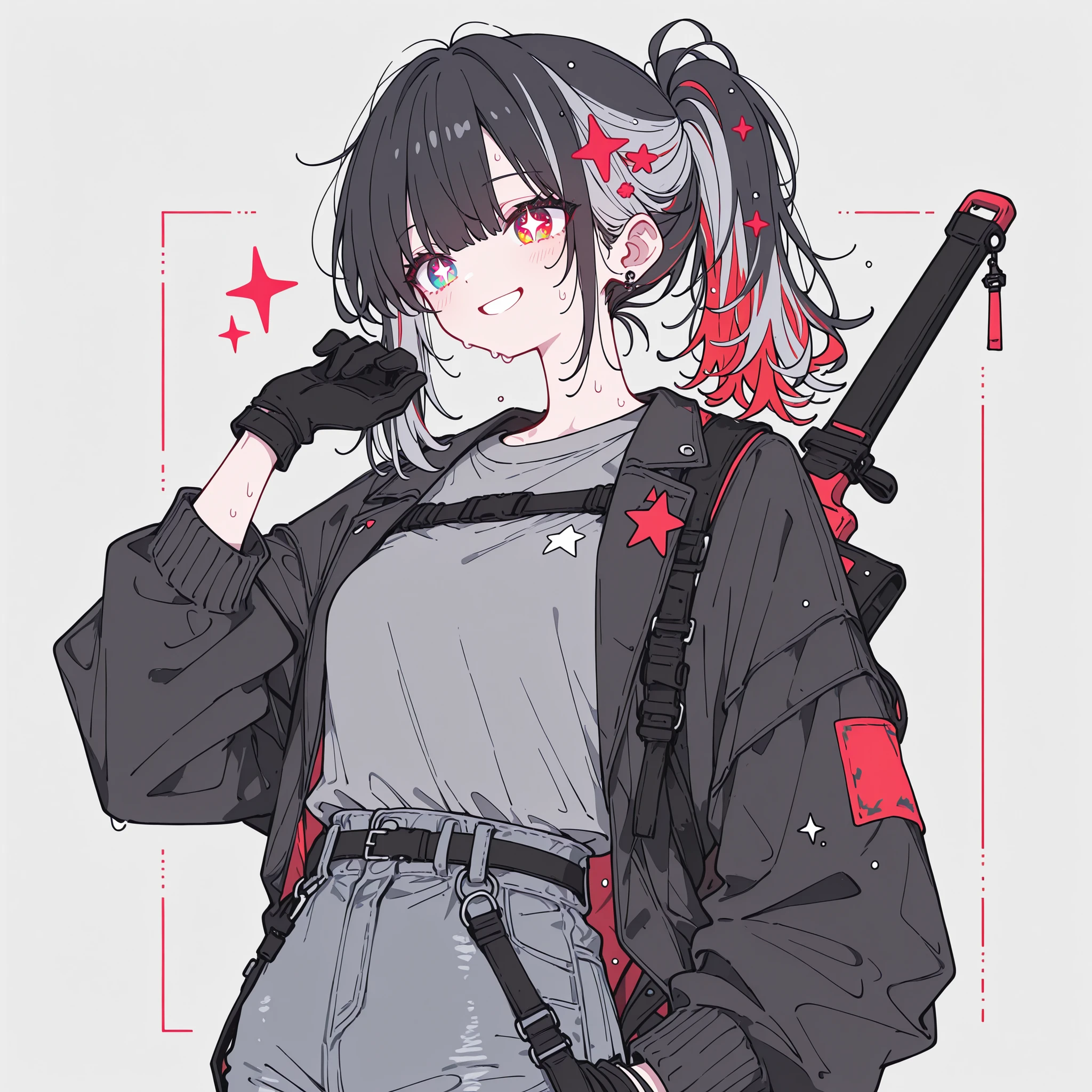 1 girl, black gloves, gray long sleeve sweat shirt, shirt tucked in, gray jeans, long ponytail hairstyle, smiling, small black jacket, Star Pupils, ruby color eyes, black hair highlights, gray hair, red stars in hair, black straps, Rectangleuer case on back