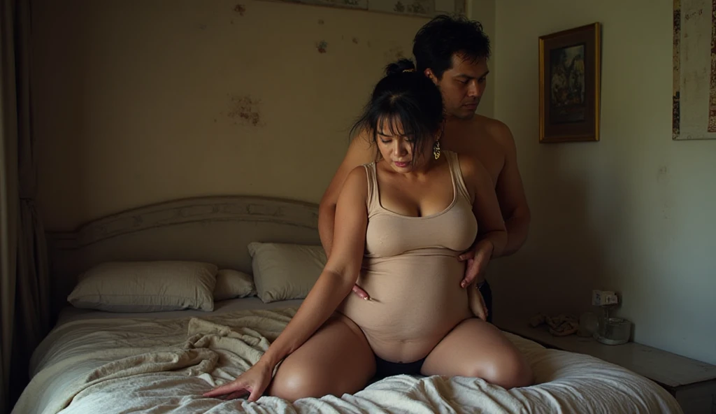 The man in his 45s with black very short hair and smooth face with moustache. The woman in her 45s with brown wavy long hair and pregnant. They are . The man is sitting on the chair. The woman is sitting on the man's lap. The woman is hugging the man's neck. They are lip to lip. Night. Side view. Dim and dark environment. UHD. HDR. Cinematic. 