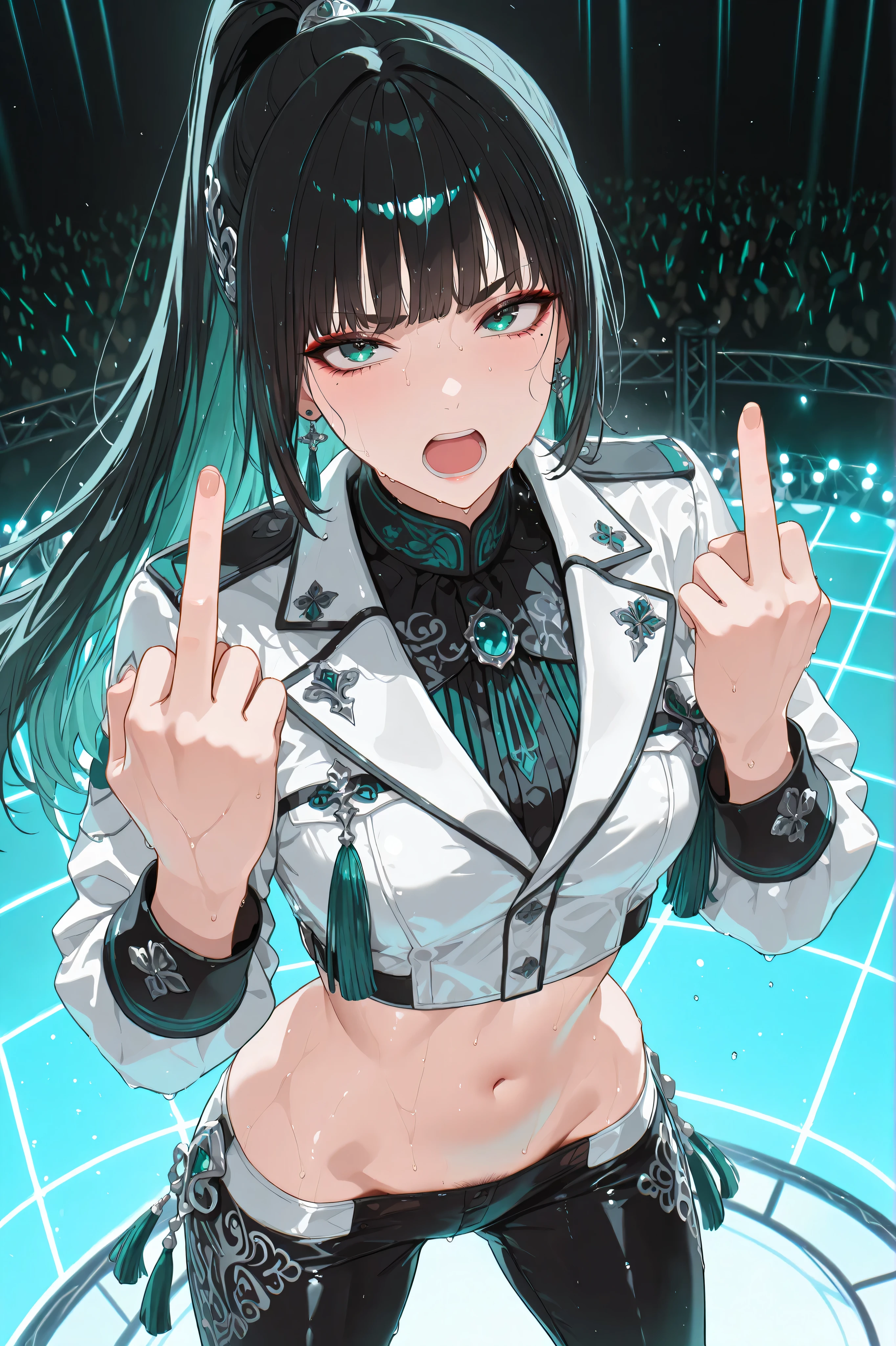 masterpiece, best quality, ultra-detailed, 8k, anime style, 1girl, long black high ponytail, straight bangs, (thick eyebrow), teal-green eyes, downcast eyes, mole under left eye, cool serious expression, screaming, slender build, small breastp, navel, military-inspired stage outfit, white fitted jacket with black details, black epaulets with tassels, glossy black ultra lowleg light patterned skinny pants, tight silhouette, elegant design, silver accessories in hair, blue gemstone earrings, subtle stage makeup, confident posture, slight side angle, dynamic hair motion, stage background, looking at viewer, cowboy shot, (legs apart:1.2), (very sweaty:1.2), middle finger sign, groin, pubic hair, from above,