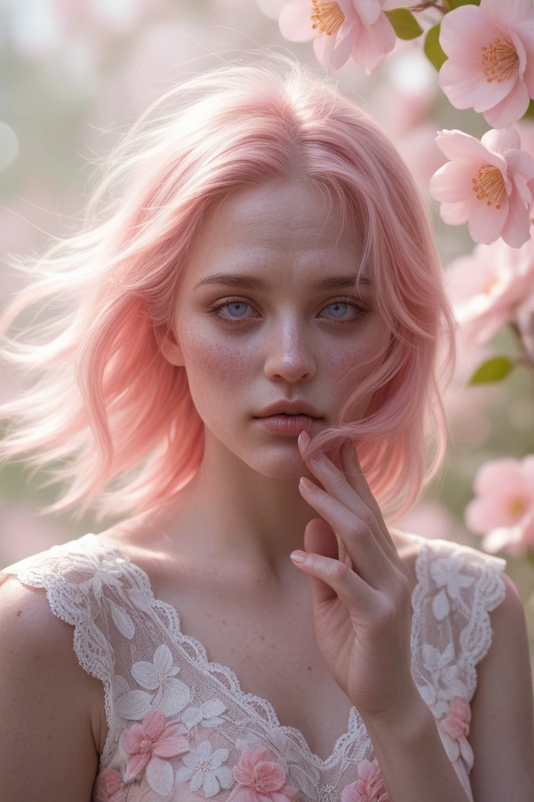8k, photo and gross, fujifilm, Style photography of a beautiful young girl like Avril in a light pink rose garden. (very detailed skin: 1.2) Style-Petal BREAK short hair, blonde hair with colored highlights, wearing a dress, film grain, 35mm, beautiful style