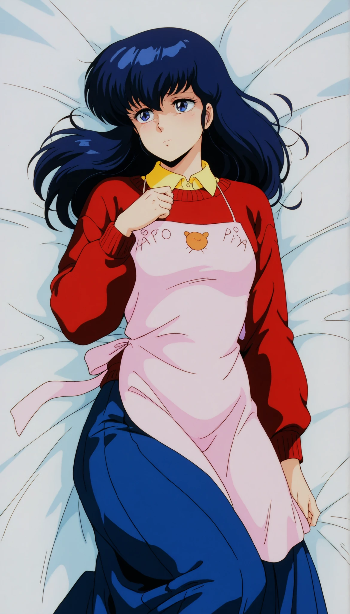 clean, {{scan}}, {{{masterpiece}}}, {{{high quality}}}, {{{animated}}}, anime colored, {{{official art}}}, perfect body, perfect face, extreme detail, perfect anatomy, intricate, retro 1980s, (highly detailed), solo, 1girl ,(beautiful details:1.3), perfect eyes,  , masterpiece,best quality,amazing quality,、otonashi Kyoko, blue hair, long hair,  ,  best quality ,  Good quality   , ,Alone, ,, red sweater, yellow shirt under red sweater, blue long skirt, Apron , A A feeling of tenderness and compassion ,compassionate_  , sad Eyes blue shinny , cute _  jealous  , solo. , Slim Figur, On bed