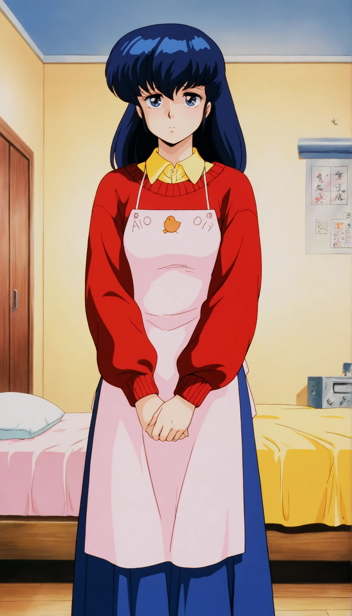 clean, {{scan}}, {{{masterpiece}}}, {{{high quality}}}, {{{animated}}}, anime colored, {{{official art}}}, perfect body, perfect face, extreme detail, perfect anatomy, intricate, retro 1980s, (highly detailed), solo, 1girl ,(beautiful details:1.3), perfect eyes, , masterpiece,best quality,amazing quality,、otonashi Kyoko, blue hair, long hair, , best quality , Good quality , ,Alone, ,, red sweater, yellow shirt under red sweater, blue long skirt, Apron , A A feeling of tenderness and compassion ,compassionate_ , sad Eyes blue shinny , cute _ jealous , solo. , Slim Figur, On bed