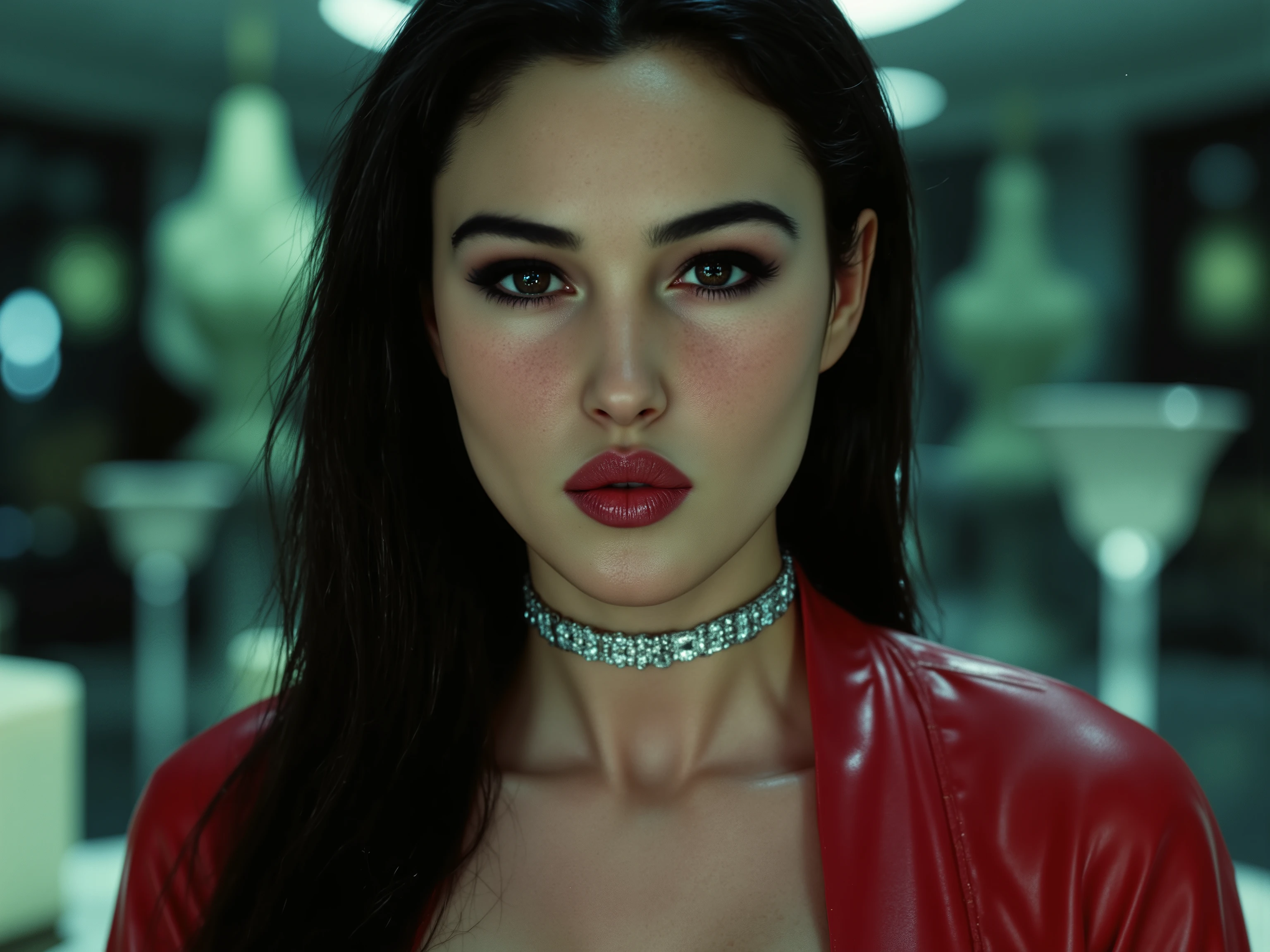  19 years old Monica, extremely more realistic closep, ultra young gorgeous and detailed Persephone, (((((((ultra realistic 1:1 finely detailed young Monica eyes, 1990 super sexy young model Monica,))))))), (((((truly manganimously realistic, (masterpiececloseup,),))))), (((((red matrix attire, sexy long boots, obscenely sexy stance and provoking look in her luscious eyes adn face satisfied grin,))))), is wearing a futuristig high-necked pullover and a red gucci jacket in a cyberpunk setting. There are symbols from the matrix movie floating in the background, intense close-up,   ((Realistic lighting, top quality, 8k, Masterpiece: 1.3)) super cleavage, perfect breasts exposed, (((gorgeous young Persephone provoking pose,)))),((((((((ultra detailed unforeseen masterpiece native 4K,)))))))),  beautiful mild freckles, extremely detailed finely defined grainy textures, narrow snatched waist, smile, wearing high heels, (((whole body frame picture))), she has you pinned on the wall,(((((((((closeup kiss, her face literally stuck on u)))))))))), she kisses a man extremely closeup straight erotic scene, 128 Ultra max resolution grainy masterpiece details, ((((((((((((extremely close-up, ((((her early 20s bubbly gorgeous version cute freckles,)))),Ultra powerful 1:1 ratio resemblance young Monica supermodel, strongly forbidden any signs of ageing, ((((((, perfect 1:1 Monica Maria Bellucci ratio, irreducibly ultra beautiful, no malformations, no surgery, no distortions, Only young Monica's gorgeous face, (ultra detailed pristine closeup,) laid back, prdoud smile, 128K MAXIMUM RES ULTRA CINEMATICMASTERPIECE DETAILED TO EXHAUSTION, (real life young MOnica to a T, 1:1 ultrarealism,),(((wearing detailed Persephone's diamond chocker,))), ((((((((((((((((extremely closeup super realistic monica kiss even her subtle skin pores andd mild freckles around the nose shown, some small freckles on her gorgeous robust cleavage as well, sexy and imposing persephone,))))))))))))))))), legs,