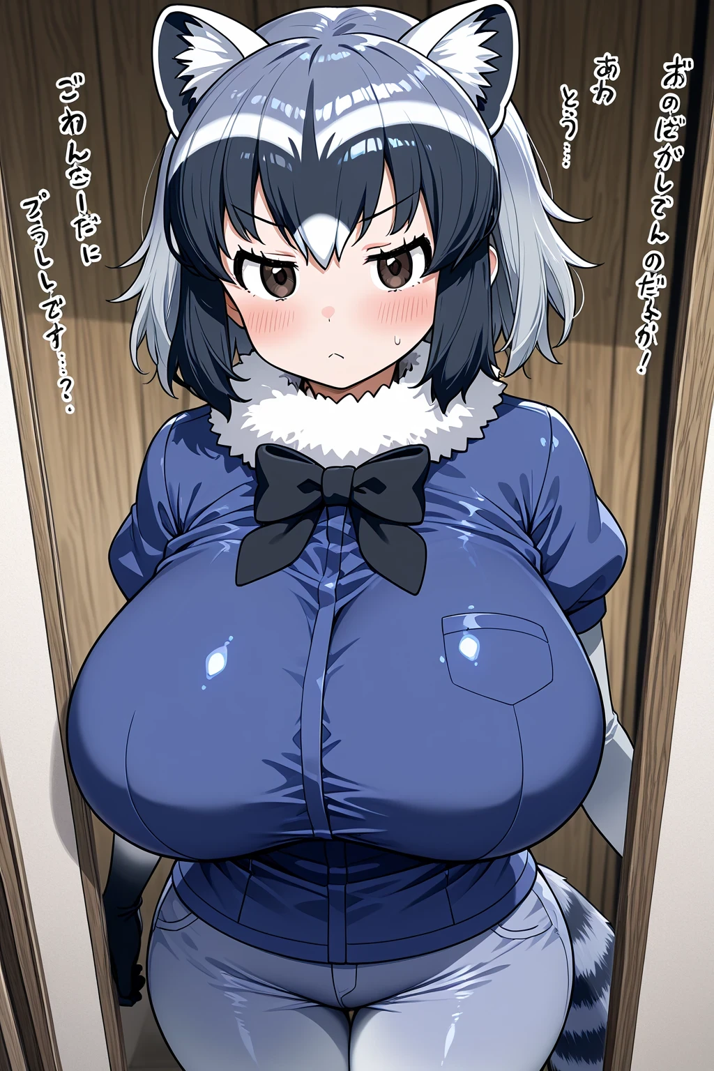Common Raccoon (kemono friends), huge breasts, cowboy shot