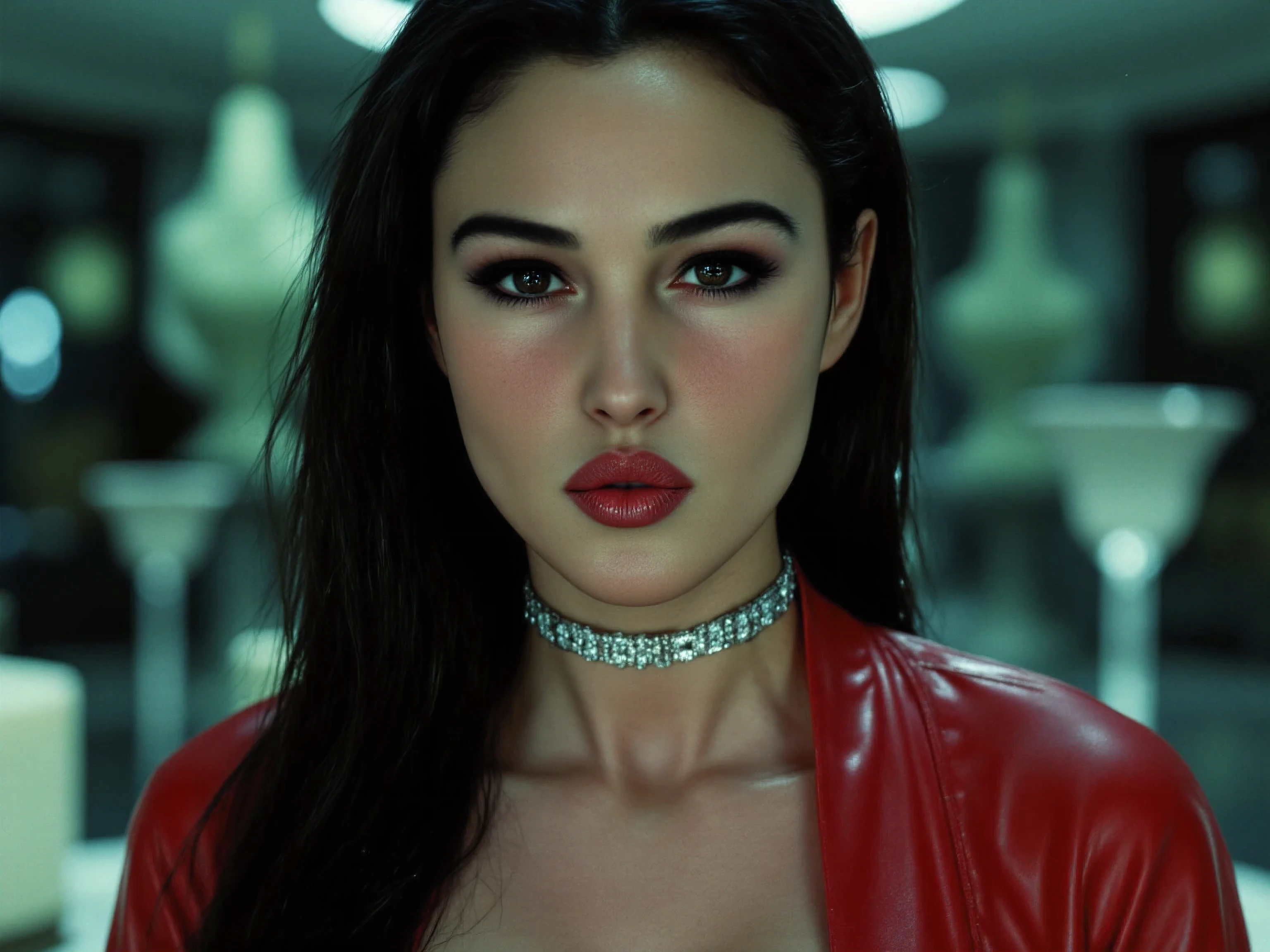  19 years old Monica, extremely more realistic closep, ultra young gorgeous and detailed Persephone, (((((((ultra realistic 1:1 finely detailed young Monica eyes, 1990 super sexy young model Monica,))))))), (((((truly manganimously realistic, (masterpiececloseup,),))))), (((((red matrix attire, sexy long boots, obscenely sexy stance and provoking look in her luscious eyes adn face satisfied grin,))))), is wearing a futuristig high-necked pullover and a red gucci jacket in a cyberpunk setting. There are symbols from the matrix movie floating in the background, intense close-up,   ((Realistic lighting, top quality, 8k, Masterpiece: 1.3)) super cleavage, perfect breasts exposed, (((gorgeous young Persephone provoking pose,)))),((((((((ultra detailed unforeseen masterpiece native 4K,)))))))),  beautiful mild freckles, extremely detailed finely defined grainy textures, narrow snatched waist, smile, wearing high heels, (((whole body frame picture))), she has you pinned on the wall,(((((((((closeup kiss, her face literally stuck on u)))))))))), she kisses a man extremely closeup straight erotic scene, 128 Ultra max resolution grainy masterpiece details, ((((((((((((extremely close-up, ((((her early 20s bubbly gorgeous version cute freckles,)))),Ultra powerful 1:1 ratio resemblance young Monica supermodel, strongly forbidden any signs of ageing, ((((((, perfect 1:1 Monica Maria Bellucci ratio, irreducibly ultra beautiful, no malformations, no surgery, no distortions, Only young Monica's gorgeous face, (ultra detailed pristine closeup,) laid back, prdoud smile, 128K MAXIMUM RES ULTRA CINEMATICMASTERPIECE DETAILED TO EXHAUSTION, (real life young MOnica to a T, 1:1 ultrarealism,),(((wearing detailed Persephone's diamond chocker,))), ((((((((((((((((extremely closeup super realistic monica kiss even her subtle skin pores andd mild freckles around the nose shown, some small freckles on her gorgeous robust cleavage as well, sexy and imposing persephone,))))))))))))))))), legs,