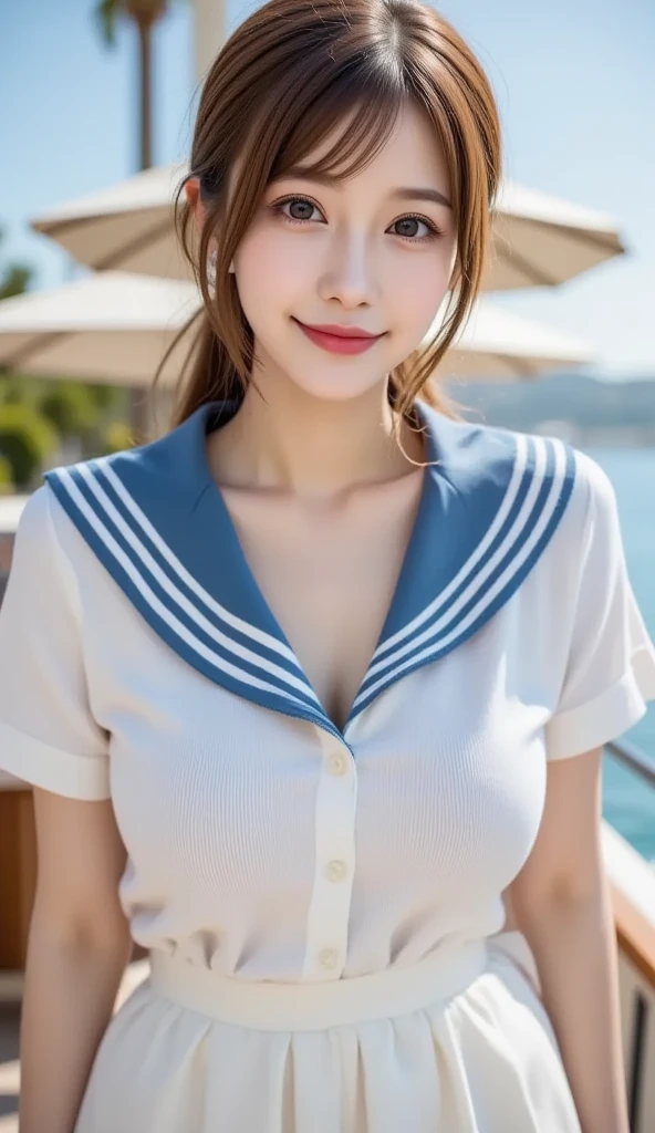 absurdres ,(extraordinary quality, ultra detailed,:1.5)
hires, super fine illustration,4k, daytime,
natural lighting,
break
1 cute girl, beautiful long ponytail hair, brilliant eyes, ultimate beautiful face, chubby, forehead, ,
(sailor_uniform:1.2) over swimsuit,
(oil skin:1.2), , , ,smile,
eye contact, tilt head, (portrait:1.4),
break
dynamic angle, dynamic pose,(depth of field), summer beach,