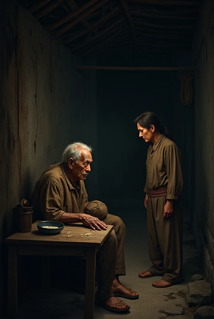 You are a professional photo creator. Based on the context of the play and the script above, create an image that matches the following excerpt 'The character:
• Old Hac: poor peasants, old, skinny, austerity. Wearing patched brown clothes.
• Teacher: Poor knowledge, calm, had a sympathetic look,  Gentle .
circumstances: The story was written in the period 1937-1938, reflects the reality of Vietnamese society, semi-colonial and feudal, with the tragedies of poor farmers: hunger, poverty and the degeneration. This script recreates the scene where Lao Hac struggles between love and survival, between honor and hunger.
context: Inside the dilapidated thatched house of Lao Hac. It's late at night. The wind blew through the cracks in the wall.

Scene 1: CẢNH MỞ ĐẦU – SỰ THẬT ĐAU LÒNG
•	context: it was late night . The crooked thatched house, dark. The wind blew through the cracks, making a soft whistling sound. The only light was the flickering fire in the stove, casting Old Hac's shadow huddled on the wall. On the table is a single bowl of leftover rice.
• Sound: The howling wind, crickets chirping.
(The teacher walked in, holding an oil lamp. Light from the lamp shines into the room, reveals the suffering figure of Lao Hac.)
Thoughtful teacher (Quickly walked in, anxious voice, sincere):
-- Old Hac? me nghe người ta bảo lão khóc từ chiều đến giờ... so I went to see. What's wrong with him?
(Old Hac was startled, vội vàng dùng tay áo lau vội nước Eye, nhưng những giọt nước Eye mới vẫn tiếp tục rơi. He tried to turn away.)
old crane (A choked voice,  shaky , not daring to look straight at the teacher):
-- Teacher... me... I just sold Vang...
(He puts his face down on his skinny hands.)" CREATE ALL PHOTOS ACCORDING TO THE FOLLOWING REQUEST:
1. Background of the photos need to be uniform.    
2. The faces need to be uniform (The hair, nose , Eye,  mouth , màu Eye, màu The hair,..)   
3. Few close-up scenes, focusing on the whole scene of the two characters
4. The pictures have no words
5. The costumes of the two characters need to be consistent in all photos ( color of clothes, style of clothes)
6. Clearly showing the attitude, the character's tone and actions


