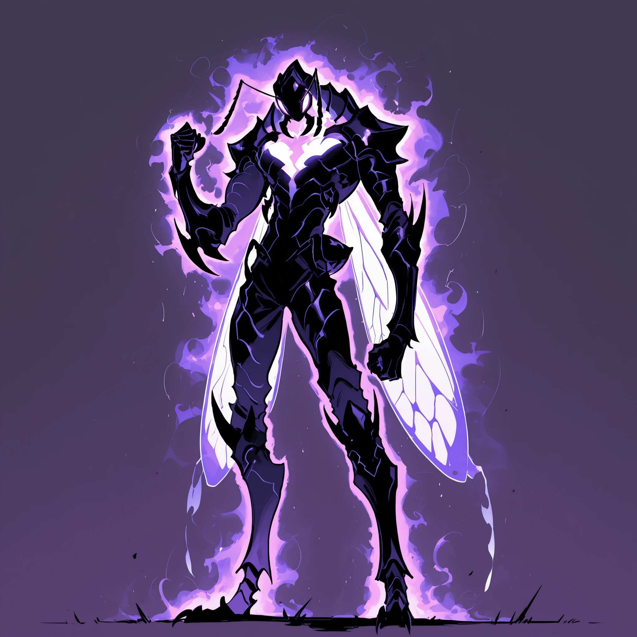 masterpiece, ultra-HD, impressionism, high detail, best quality, very aesthetic, 8K, best quality, beautiful, ultra-high resolution, 32K UHD, sharp focus, 1man, solo, akb, male, anthro insect, glowing purple eyes, antennae, insect wings, insect abdomen, ant abdomen, muscular, toned, defined, black skin, mandibles, ant mandibles, exoskeleton, armor, claws, glowing aura, serious, raised fist, standing, full body, looking at the viewer, simple background, profile view