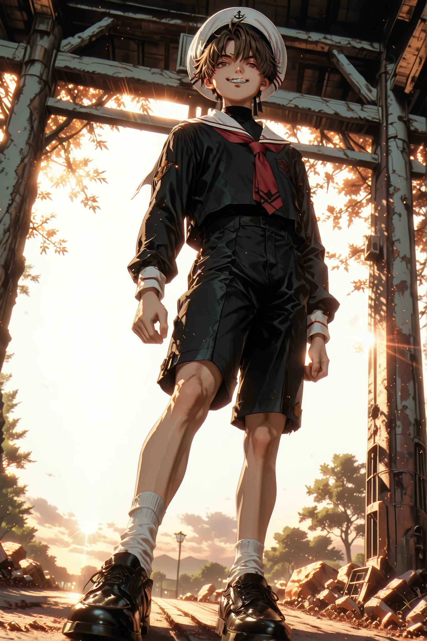 (Extreme detail, realistic, ultra high quality, very intricate details, high definition), ambient lighting, cinematic lighting, super high definition, ultra detail, 4k, 8k, HD ultra, particle effect, god rays, post processing, concept art, dynamic scene, dynamic angle, beautiful lighting, morning lighting, outdoor lighting, dutch view,
(masterpiece), best quality, amazing quality, absurdres, detailed, ((solo)), ((young boy)), ((shota)), RiShaoran, 1boy, male focus, solo, brown eyes, brown hair, school uniform, hat, sailor hat, white headwear, shirt, black shirt, sailor collar, long sleeves, shorts, black shorts, white socks, shoes, black footwear, view from below, super view from below, foreshortening, smiling, dynamic pose, school, park, schoolyard,