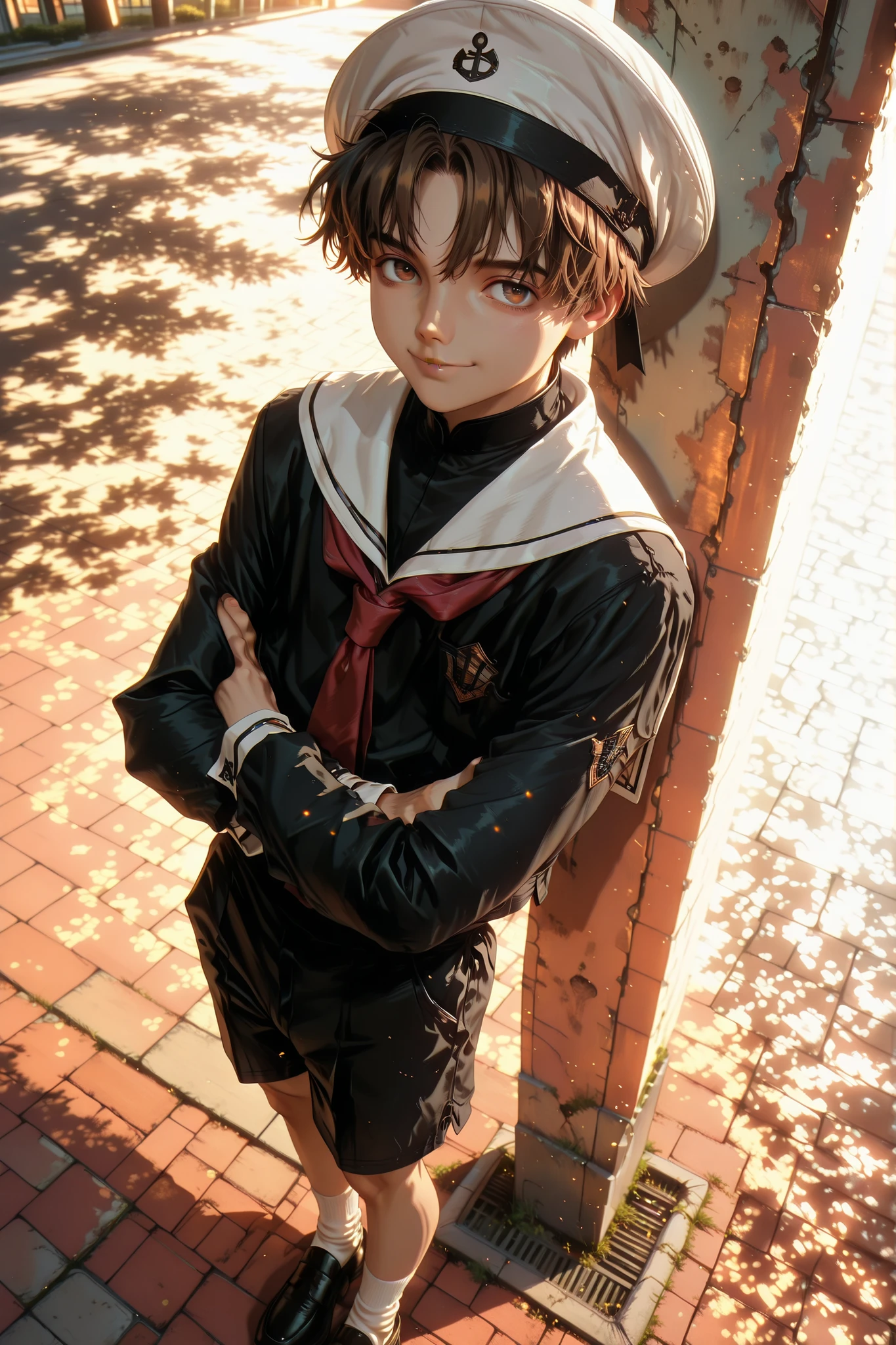 (Extreme detail, realistic, ultra high quality, very intricate details, high definition), ambient lighting, cinematic lighting, super high definition, ultra detail, 4k, 8k, HD ultra, particle effect, god rays, post processing, concept art, dynamic scene, dynamic angle, beautiful lighting, morning lighting, outdoor lighting, dutch view,
(masterpiece), best quality, amazing quality, absurdres, detailed, ((solo)), ((young boy)), ((shota)), RiShaoran, 1boy, male focus, solo, brown eyes, brown hair, school uniform, hat, sailor hat, white headwear, shirt, black shirt, sailor collar, long sleeves, shorts, black shorts, white socks, shoes, black footwear, view from above, foreshortening, smiling, dynamic pose, (hands crossed) , leaning against a wall, school, park, schoolyard,