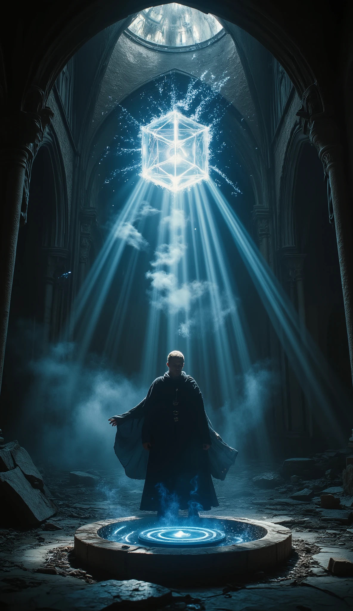 Hyper-realistic cinematic close-up photography of a male sorcerer inside a shattered gothic cathedral rendered with detailed volumetric lighting. A glowing magic circle carved into cracked marble emits blue-white energy. Above it, a rotating translucent cube with refractive surfaces projects beams of light onto broken stone pillars. The sorcerer’s coat flutters in simulated wind, his face illuminated by subtle subsurface scattering. Dust particles float realistically in godrays piercing the collapsed ceiling. High-resolution textures, physically accurate reflections, cinematic mood, ultra-detailed environment.