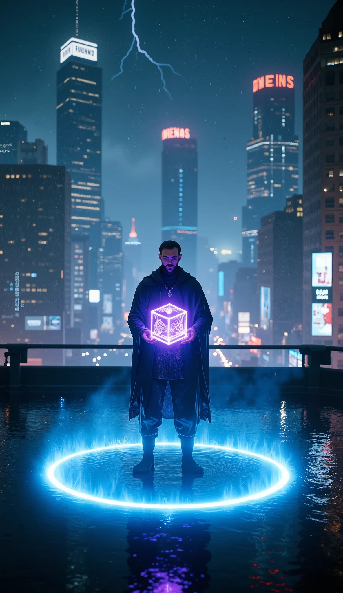 Ultra-realistic 3D nighttime rooftop scene in a futuristic city. Rain hits the ground with precise particle simulation, reflecting neon signs from skyscrapers. A bearded male mage stands in the center of a bright electric-blue magic circle projected from his gloves. He holds in her hands it floats a holographic purple cube emitting shifting light patterns. Wet textures, physically based rendering, realistic reflections, deep atmospheric fog, and high-detail cityscape. Sparks and lightning interact naturally with the rain.