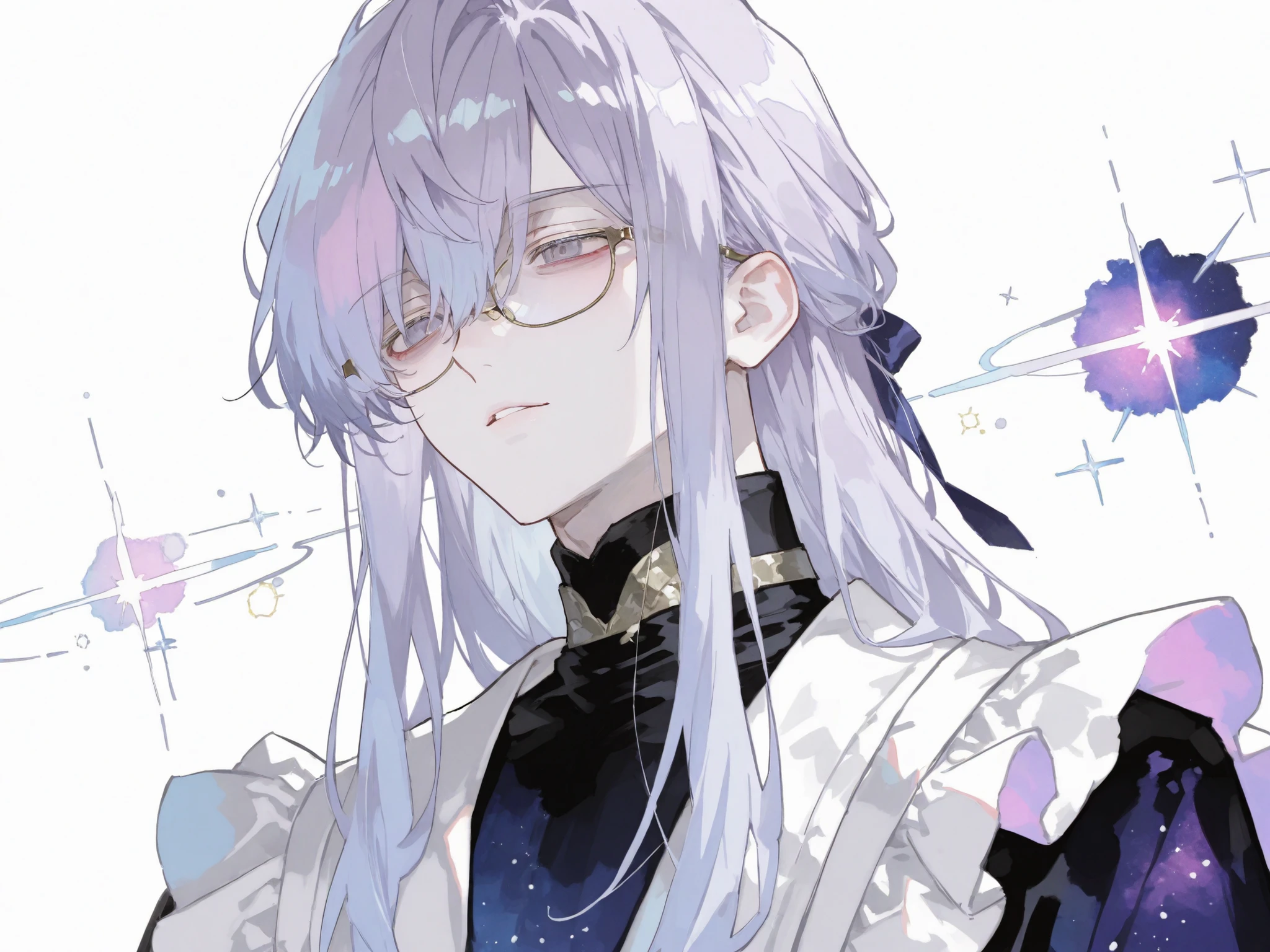 score_9, score_8_consolation, score_7_consolation, solo, watercolor, 1 male, solo , One Man , pale lavender colored hair , Long hair , beautiful , Eyes like space , fashionable clothes , white , stylish , handsome , adult male doctor , turtleneck , Glasses