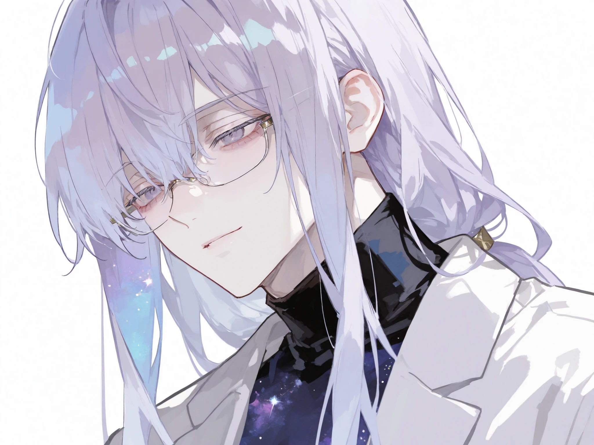 score_9, score_8_consolation, score_7_consolation, solo, watercolor, 1 male, solo , One Man , pale lavender colored hair , Long hair , beautiful , Eyes like space , , white , stylish , handsome , adult male doctor , turtleneck , Glasses