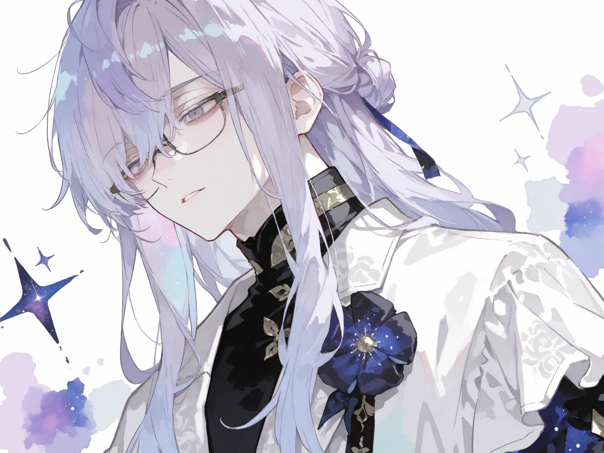 score_9, score_8_consolation, score_7_consolation, solo, watercolor, 1 male, solo , One Man , pale lavender colored hair , Long hair , beautiful , Eyes like space , fashionable clothes , white , stylish , handsome , adult male doctor , turtleneck , Glasses