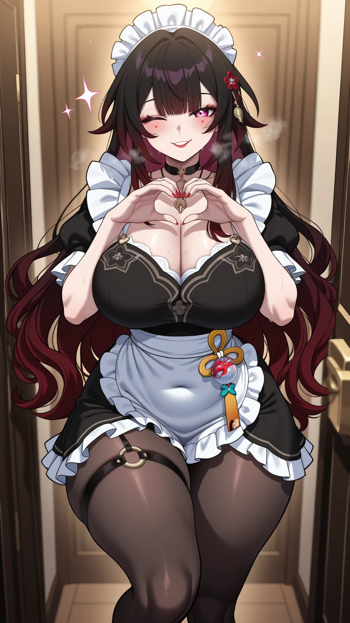 Mullon art style, sparklehsr, high quality, masterpiece, best quality, sparkle (honkai: star rail), 1girl, solo, gradient long straight hair let down, red glossy lips, choker with pendant, thigh strap visible, painted nails, voluptuous figure, tiny waist, curvy hips, maid uniform, maid headdress, frilly white pinafore apron, skirt, white lace trim, black pantyhose, ((very well detailed)) wavy hair, choker, ((sexy pose)), (posing), hip and thigh focus, ((breath)), indoors, living room background, on the door, sfw, playful dominant expression, blush on cheeks, bokeh light, blush, score_9, score_8_up, score_8, 1girl, big ass, steam, sweat, hair let down, long straight hair, choker, red lipstick, huge breast, slender waist, wide hips, big ass, venus body type, venus belly, ((hair let down)), ((straight long hair)), gradient hair, teasing expression, playful tease, seductive smile, looking at viewer, love hand gesture pose, love hand gesture pressed to breast, viewer pov, wavy hair, pantyhose, standing, knee up, wink
