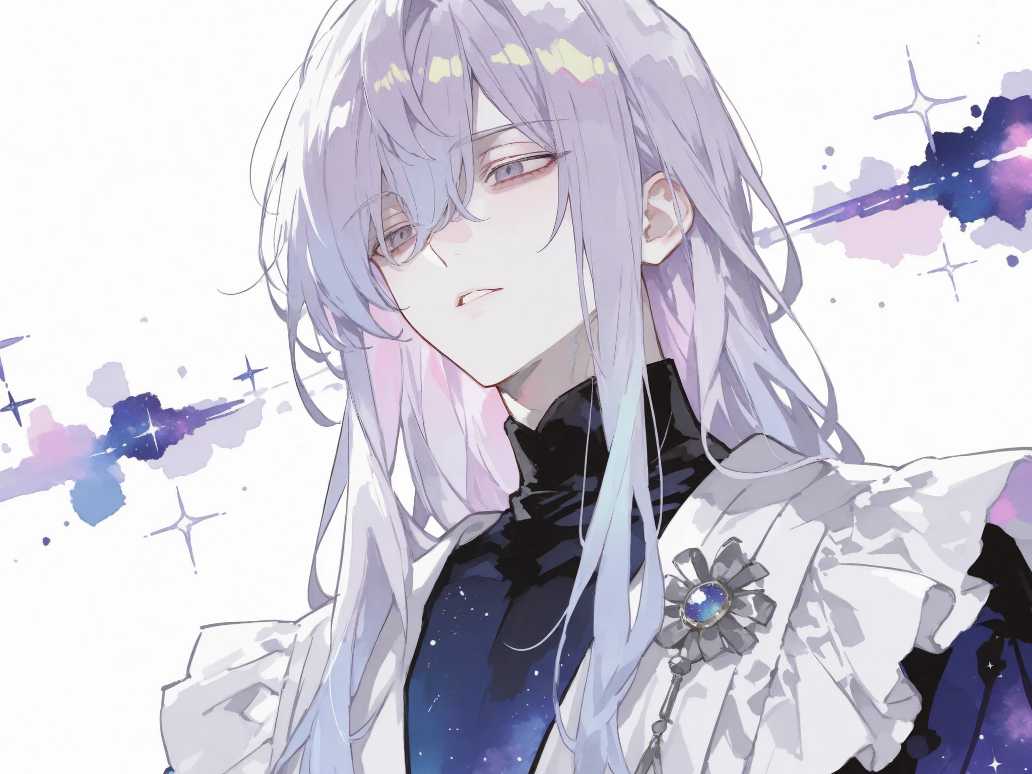 score_9, score_8_consolation, score_7_consolation, solo, watercolor, 1 male, solo , One Man , pale lavender colored hair , Long hair , beautiful , Eyes like space , fashionable clothes , white , stylish , handsome , adult male doctor , turtleneck , 