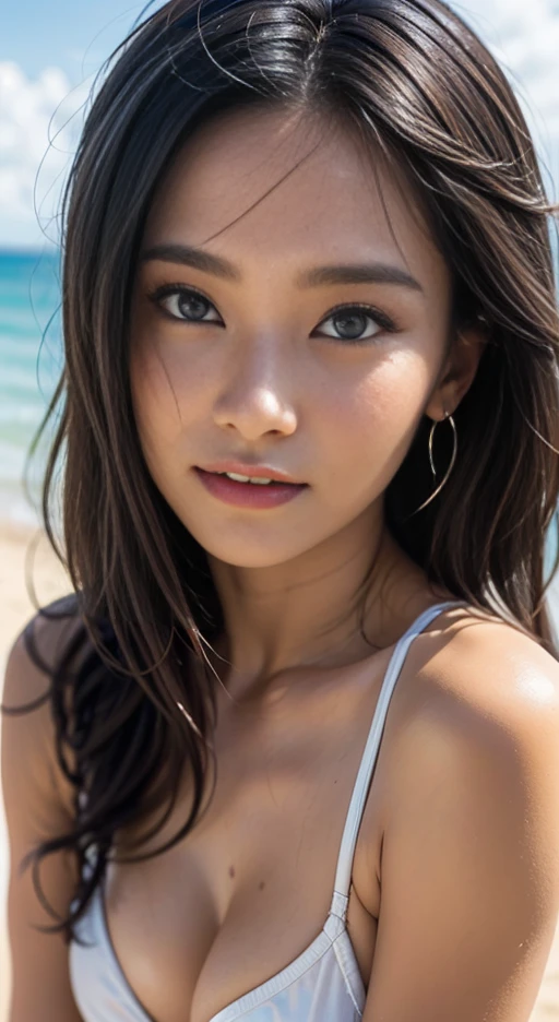Highly detailed CG Unity 8K wallpaper、highest quality、Super detailed、masterpiece、realistic、Photorealistic highly detailed cute girl、18-year-old、round eyes、、viewer、body shot、beach　, Completely ?????