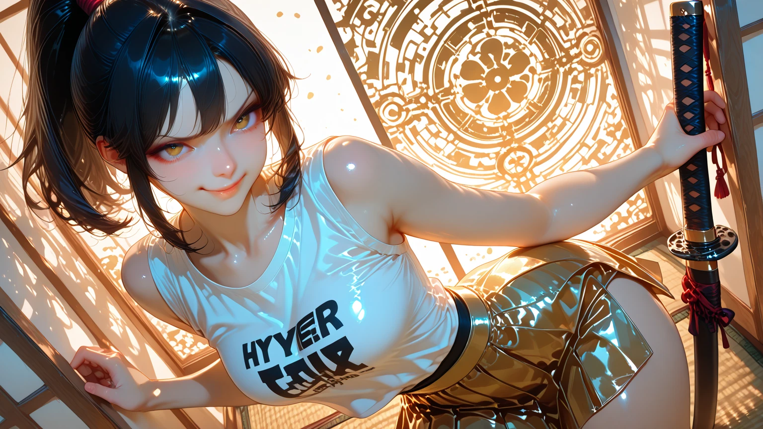 There's a very sexy 30-year-old woman in a realistic close-up, hot, Despreocupado (Peta Jensen pov), medium dark gray hair and gradient at the ends, cabelo batendo nos ombros, na altura dos ombros, olhos verdes esmeralda, sobrancelha cerrada, olhar penetrante e sensual, nariz esnobado, empinado e arredondado, sardas no rosto, rosto ruborizada, thick lips, boca entreaberta, jaqueta de couro preta usada, Usado, jaqueta aberta para a barriga, totalmente aberta, barriga com piercing, no-, not wearing a , corpo perfeito e sexy, great contrast, realista, barriga natural marcada, jeans curto curto desabotoado, open zipper, sem calcinha, does not wear , quadril largo, pele com sardas, peitos grandes (Oppai), massivos, Mamalhuda, Seios enormes (peitos grandes) e molhados, drops of water running over your body, seios molhados, algumas poucas sardas nos seios, seios arredondados e volumosos,  estufados e molhados, well visible, molhada, pingos de chuva, tempo nublado e fechado, Realistic cinematic light, dust particles in the air, parada olhando para cima, vista de cima, close de cima, View from above, olhar de cima, wearing sneakers, Sneakers tied, branco com linhas azuis, Stop at a bus stop on the road, estrada na coluna, lugar afastado, banco velho e bem sujo, descascando, Mooring, Great details, realista,estrada abandonada, com chuva leve, rusty road signs, mato seco, quadril largo, ajeitando os cabelos, realista, 4k, profundidade, breas niples, , very tight clothes detailing all parts of your body.