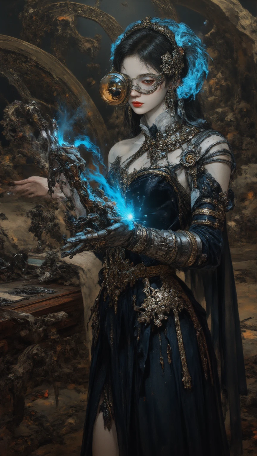 ((A powerful sorcerer and alchemist working in his laboratory in the catacombs.  A small baby dragon, no more than 1 meter tall, sits on an ancient wooden table among spell books and parchment scrolls observing the sorcerer at work mixing potions, ((fog and mist)), ((stars, nebula, and moons in vibrant background sky)), superb render, (rock wall textures), ((scrolls and parchment)), ((glass vials)), sublime texturing, extreme detail and resolution, insanely detailed and intricate, 8k, RAW image, hyper resolution, rule of thirds