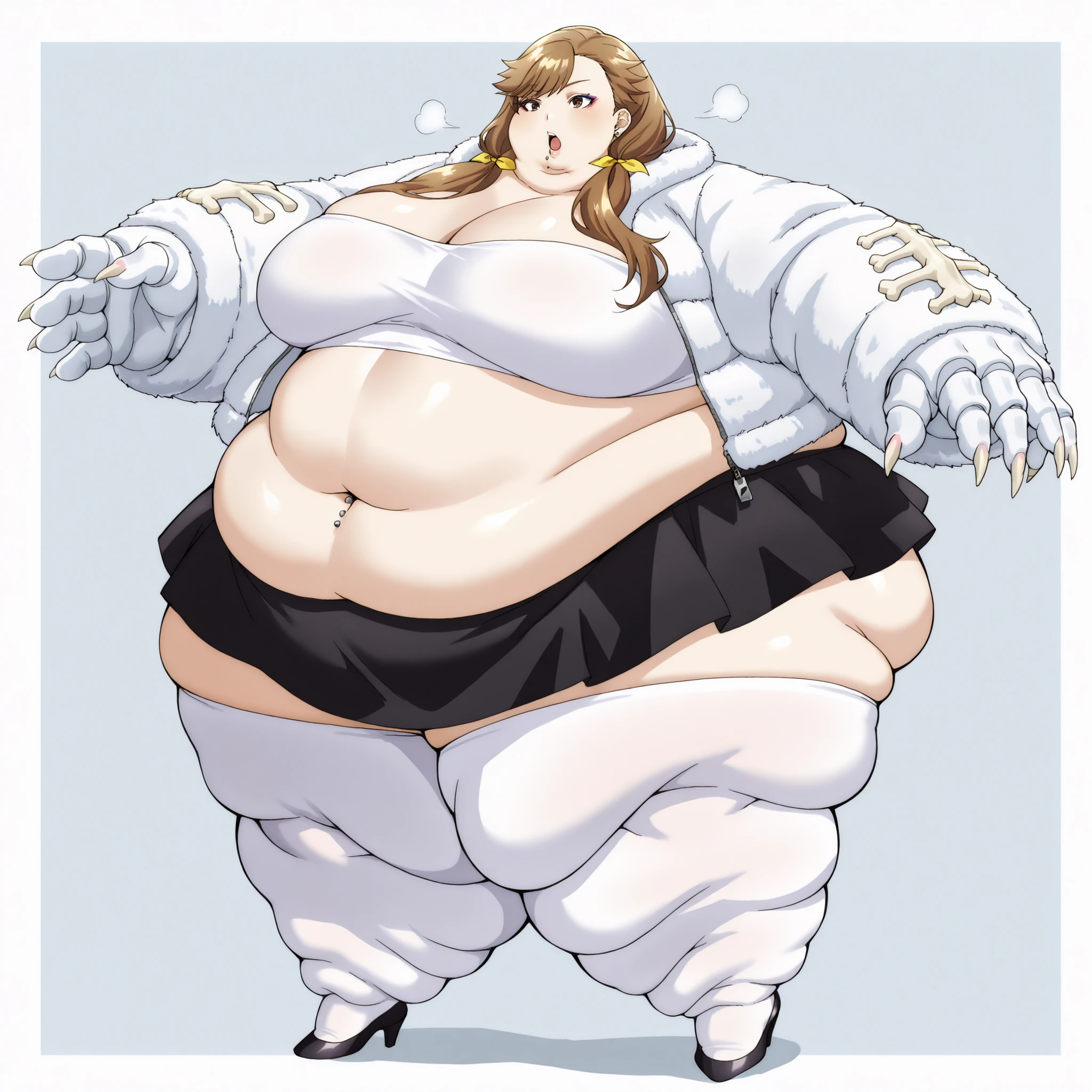 tenjousora brown eyes, long hair, asymmetrical hair, asymmetrical bangs, brown hair, low twintails, hair ribbon, furr jacket, tube top,  midriff, Navel piercing,  skirt, stockings, Long nails, makeup, high heels, breasts, fat, chubby, obese, fat neck, multiple chins, big breasts open mouth, Out of breath , larger female, full body shot, Only head, large head,  oversized limbs , large hands, large feet, oversized feet, oversized fingers, Big lips, plump lips, fat face, bone, big bone, fat bone, 