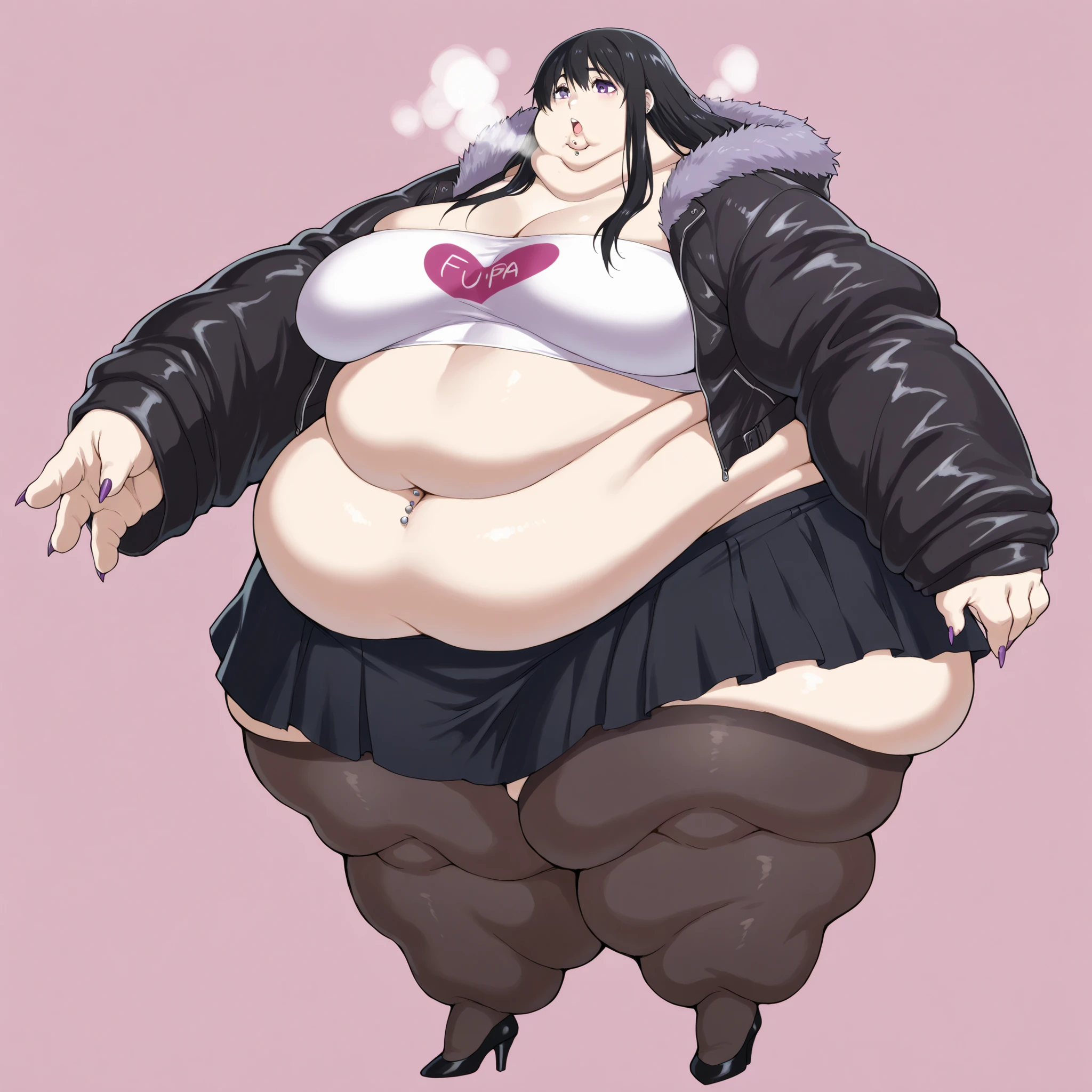 Naoka Ueno (character), Naoka (older appearance), long hair, 1girl, solo, black hair, long hair, purple eyes, furr jacket, tube top, midriff, navel piercing, skirt, stockings, long nails, makeup, high heels, breasts, fat, chubby, obese, fat neck, multiple chins, big breasts open mouth, out of breath, Larger female, full body shot, only head, large head, oversized limbs, large hands, large feet, oversized feet, oversized fingers, big lips, plump lips, fat face, fupa, big fupa, fat fupa, 